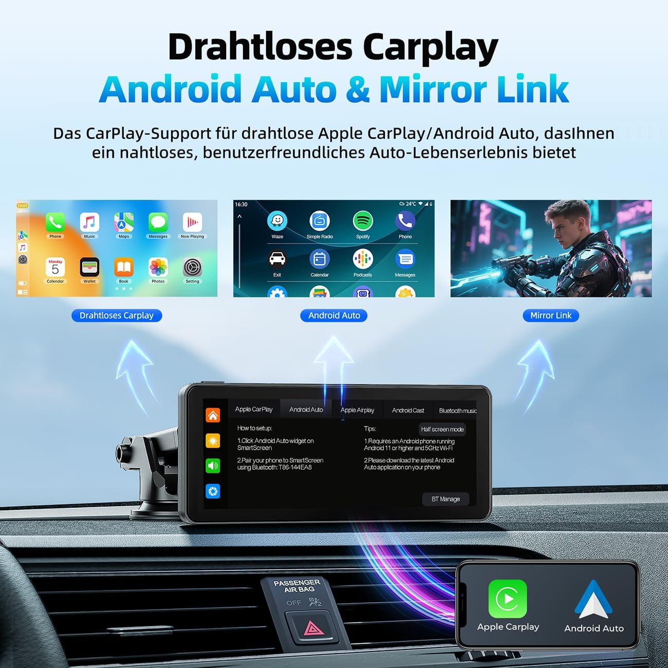 Detalle de LAMTTO 6,86 Zoll Wireless CarPlay/Android Auto Display – Touchscreen, Mirror Link und Sprachsteuerung