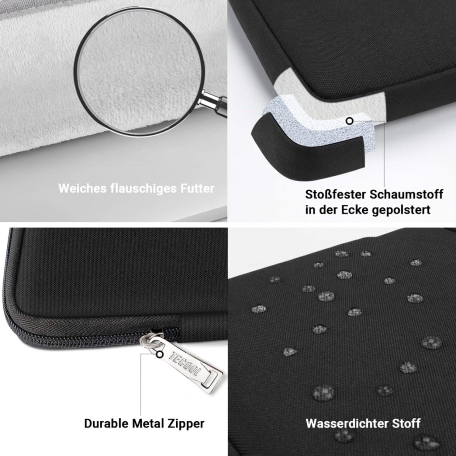 Detalle de TECOOL 15,6 Zoll Laptoptasche / Hülle wasserdicht, stoßfest – für 15–15,6" Laptops (Schwarz)