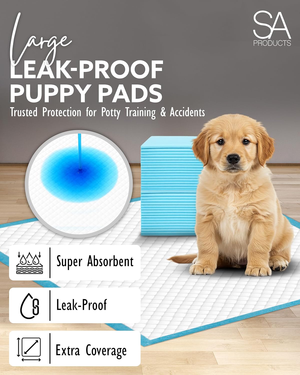 Detalle 2 de SA Products Puppy Pads 50 Pack: Large 56 x 56 cm, 5-Layer Leak-Proof Training Pads