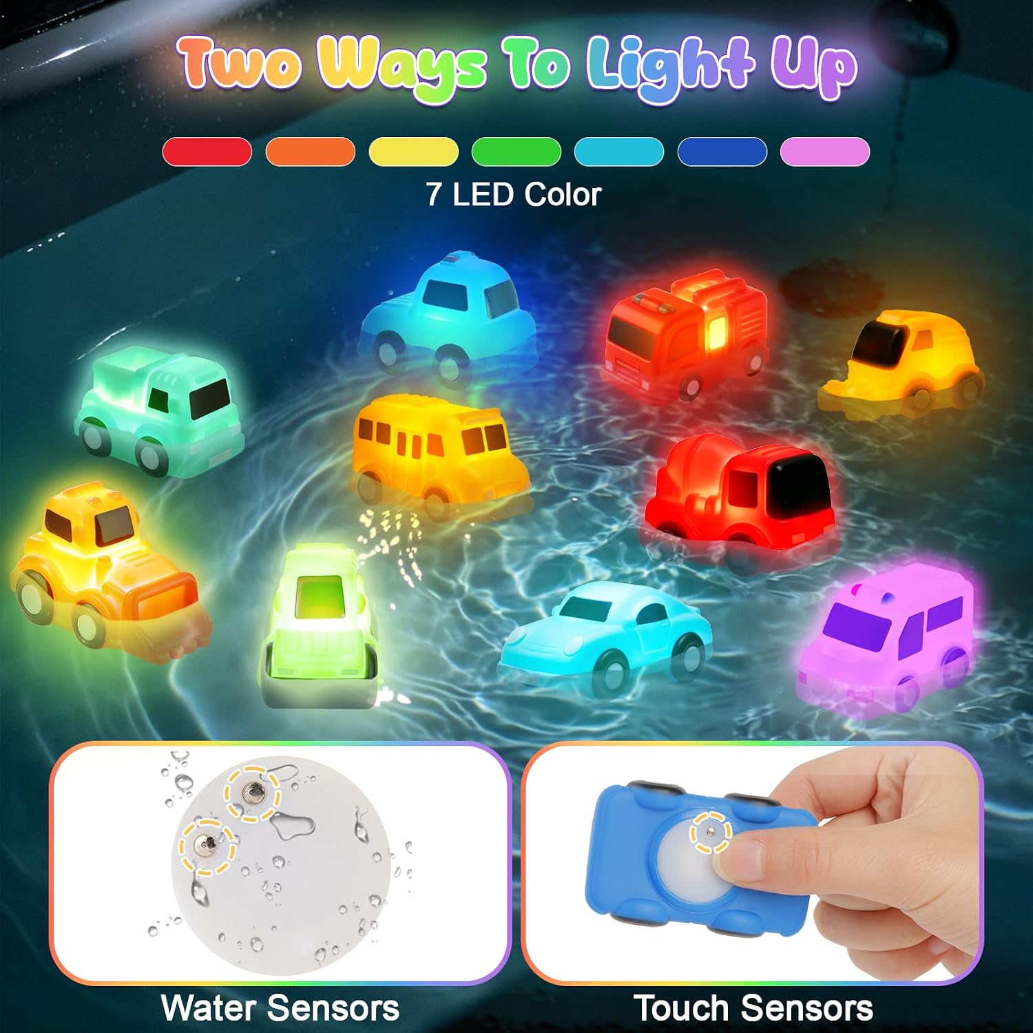 Detalle de JoiTale 10-Pack Light-Up Bath Toys for Toddlers: Cars that Flash in the Bath