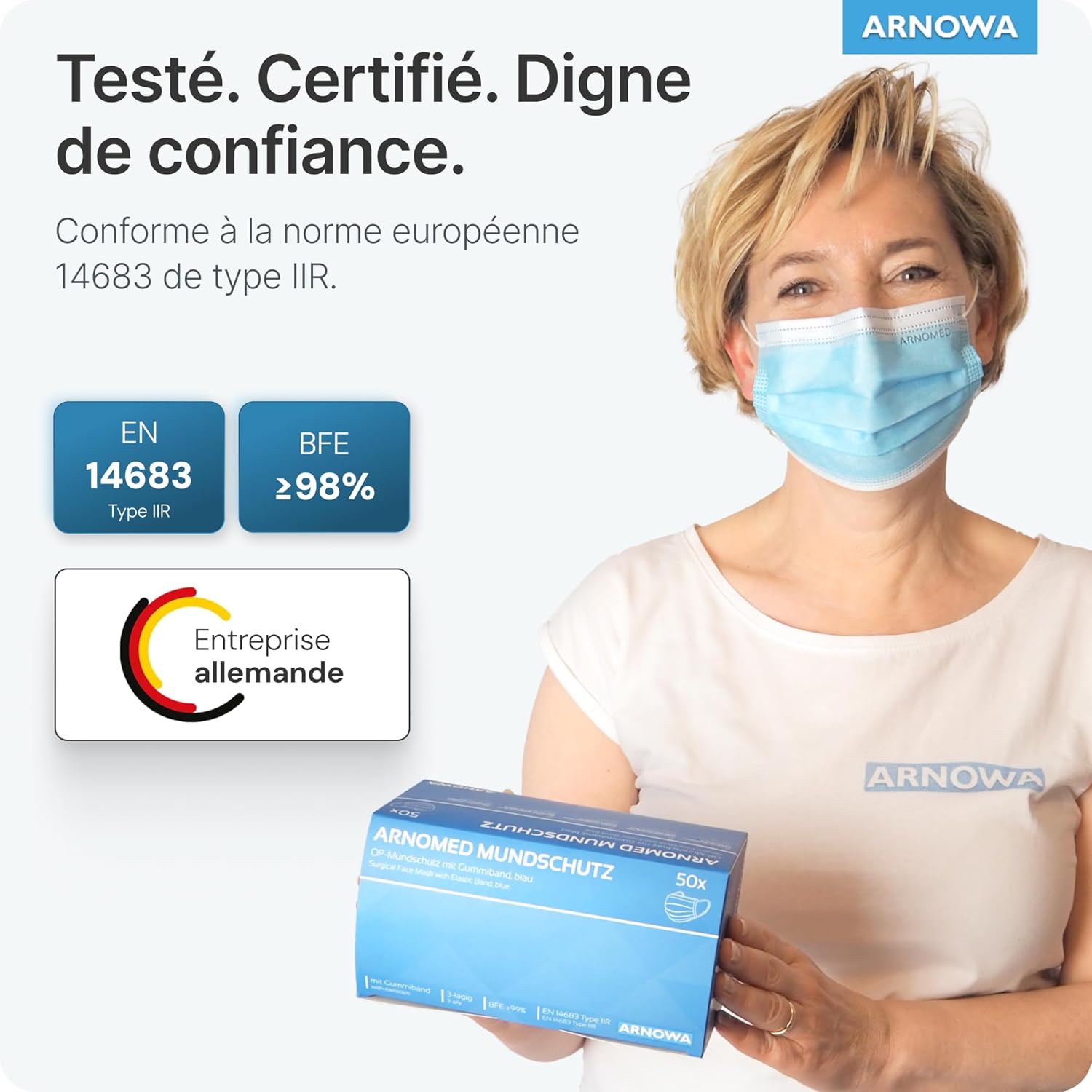 Detalle de ARNOMED masques médicaux chirurgicaux type IIR EN 14683 (50 pièces) – bleus
