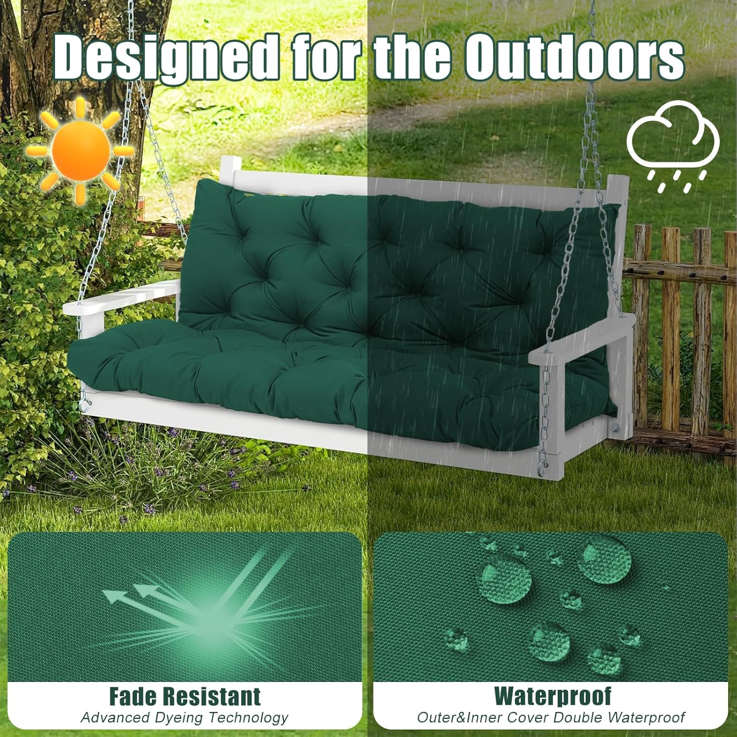 Thumbnail 2 de Amdieu Garden Swing Cushions 3 Seater – Waterproof Bench Cushions with Backrest (Dark Green, 100 x 100 cm)