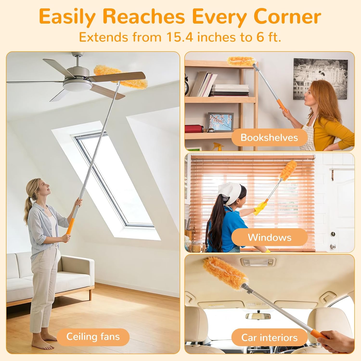 Thumbnail 2 de 6 ft Heavy Duty Extendable Duster with 50 Refills for Swiffer Duster, 360° Dual-Head, Orange