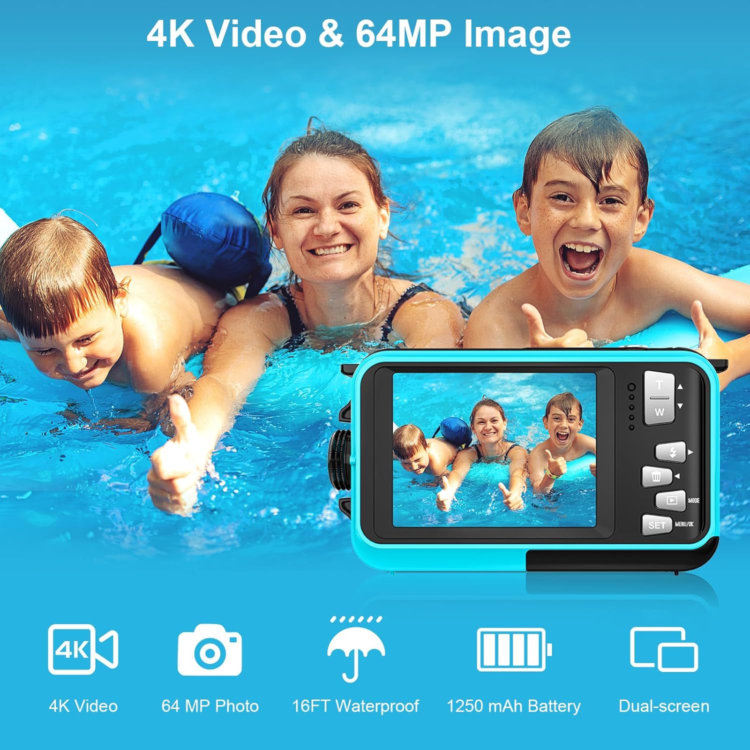 Detalle 2 de Yixinxin Unterwasserkamera (UHD 4K, 64 MP) mit Autofokus und Dual-Selfie-Bildschirmen, inkl. 32-GB-Karte