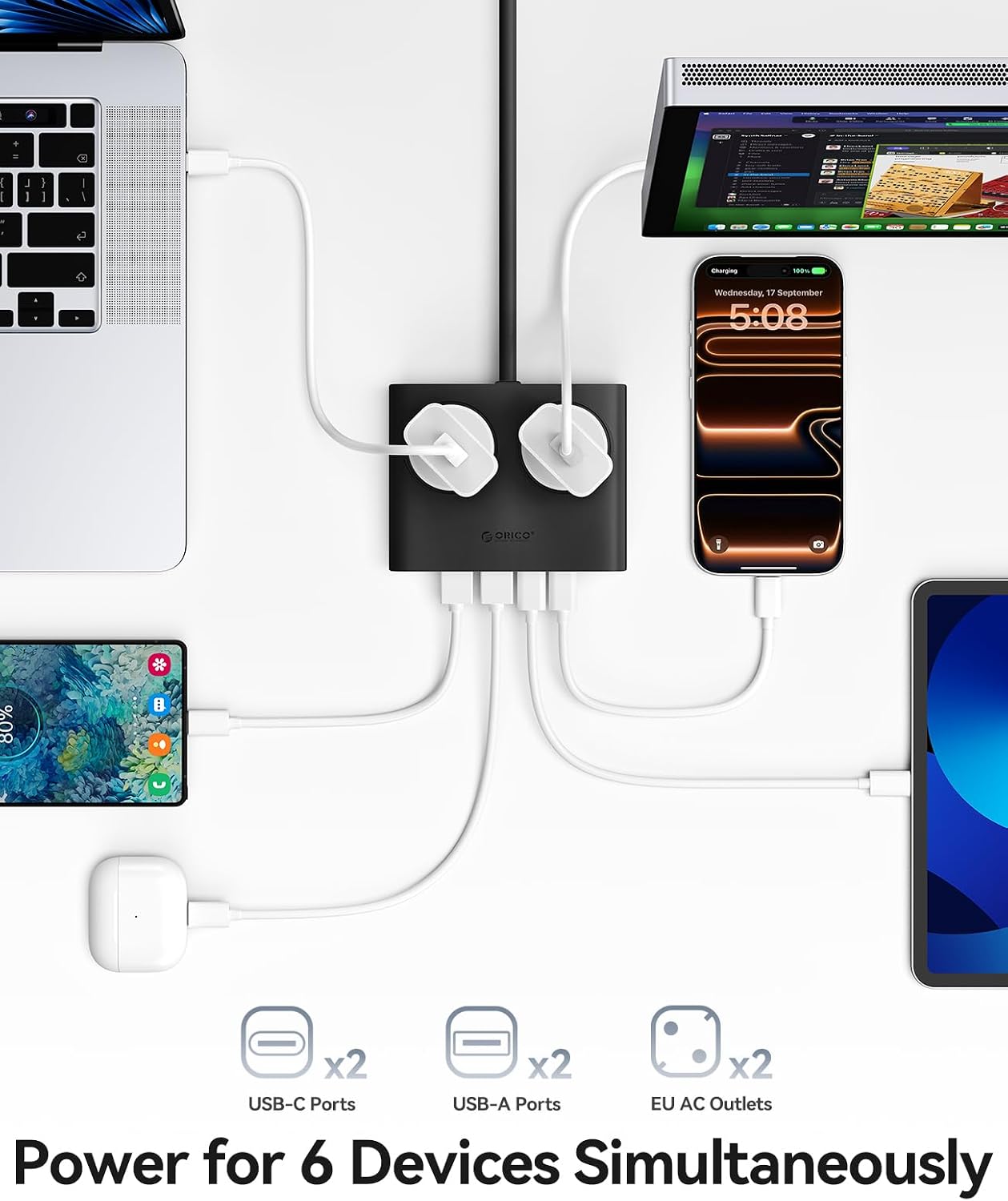 Thumbnail 2 de ORICO PD 20W Extension Lead with USB Slots: 2 USB-C, 2 USB-A, 1.6m Leather Cable