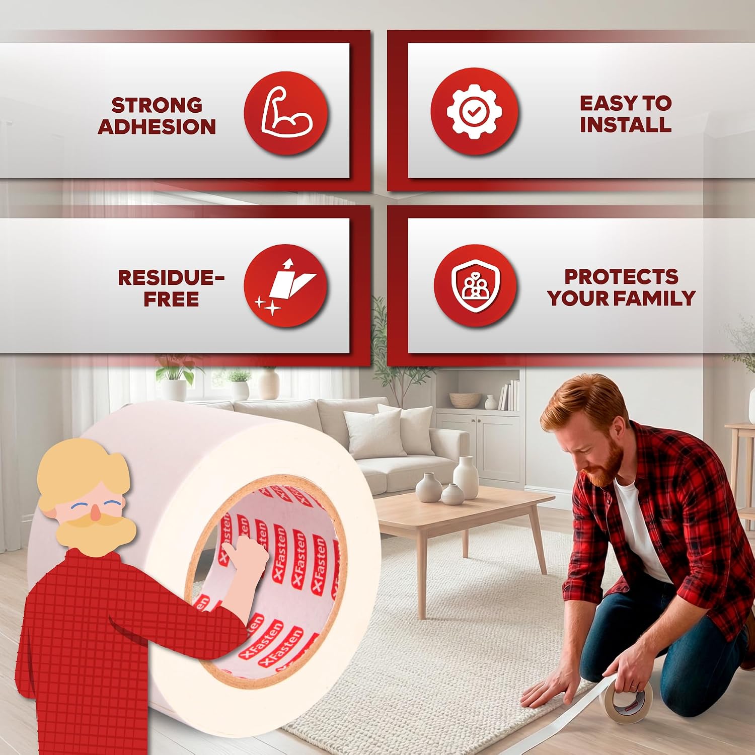 Thumbnail 2 de XFasten Double-Sided Carpet Tape, 2 Inch x 90 Ft for Rugs