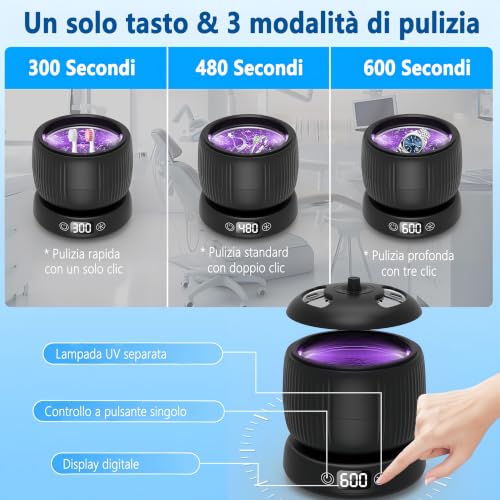 Thumbnail 3 de Morole Pulitore Ultrasuoni con Lampada UV – 45000 Hz, 200 ml, Portatile