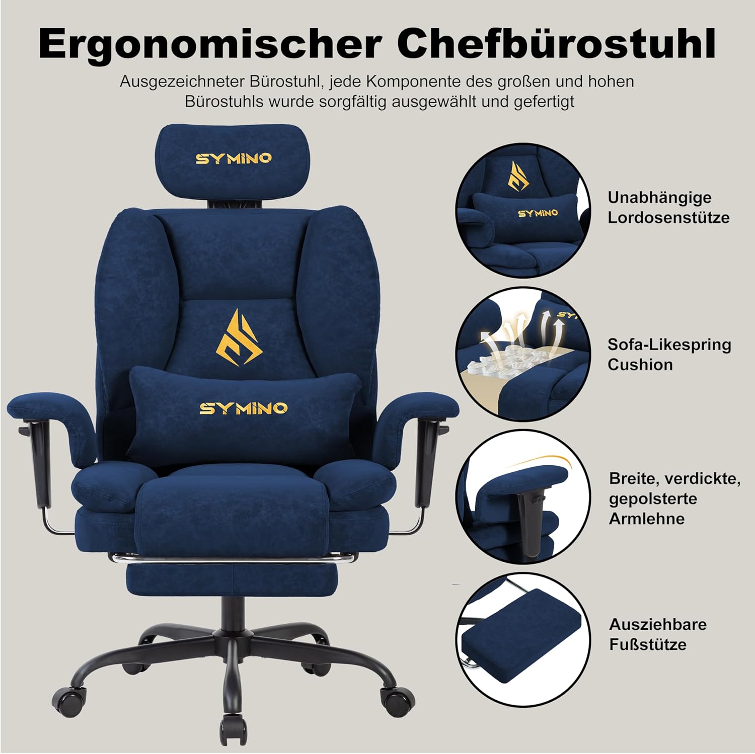 Thumbnail 3 de Symino Gaming Stuhl Chefsessel Bürostuhl Ergonomisch – Vintage-PU-Leder, dunkelblau