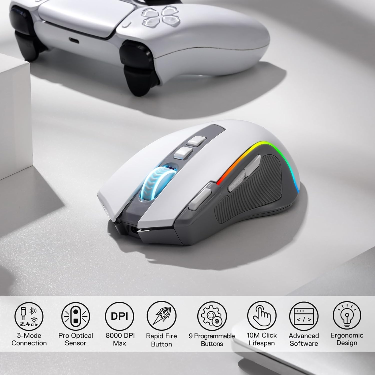 Detalle 2 de Redragon M612 PRO RGB Gaming Mouse (wired & wireless) with 8000 DPI, 11 programmable buttons