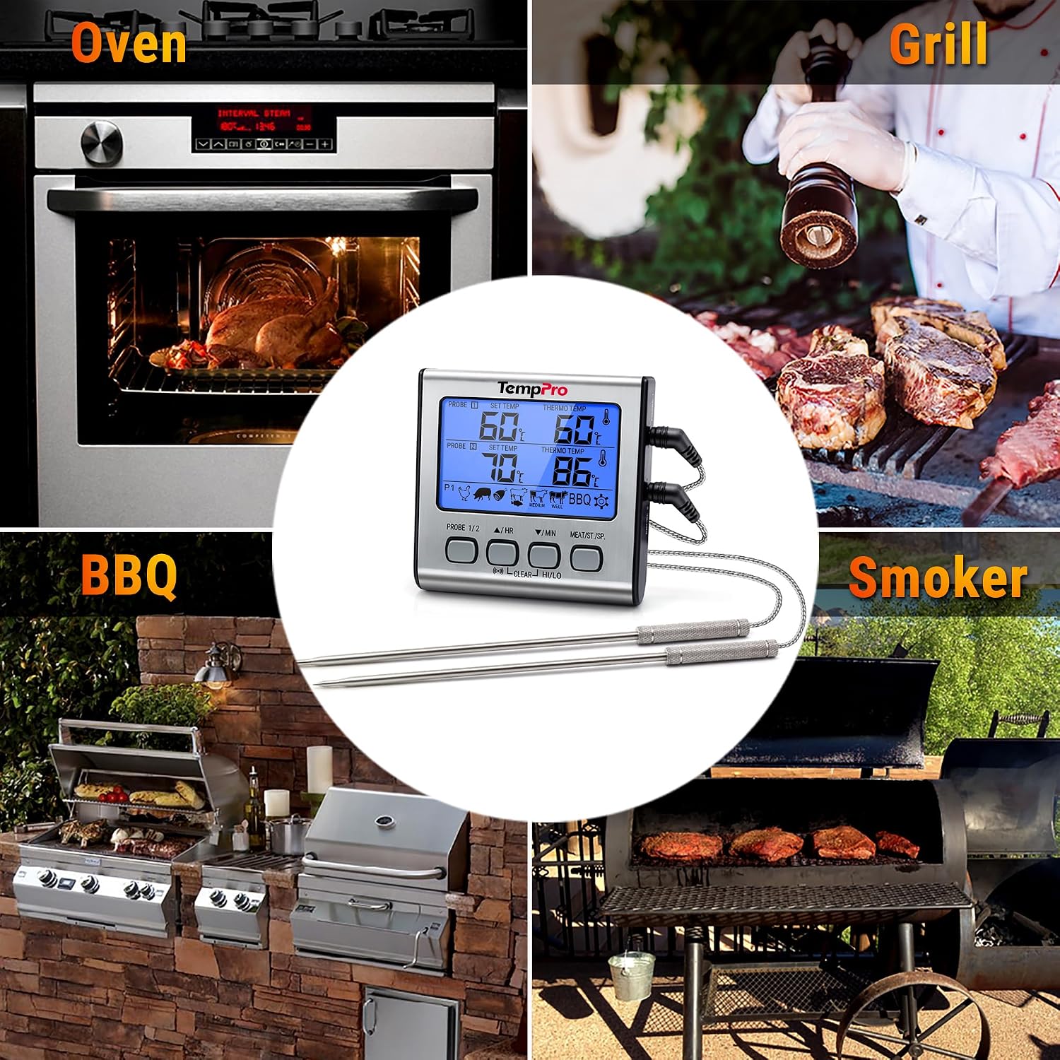 Detalle 2 de ThermoPro TP17 digitales Grillthermometer mit zwei Edelstahlsonden und blauem Hintergrunddisplay (bis 300 °C)