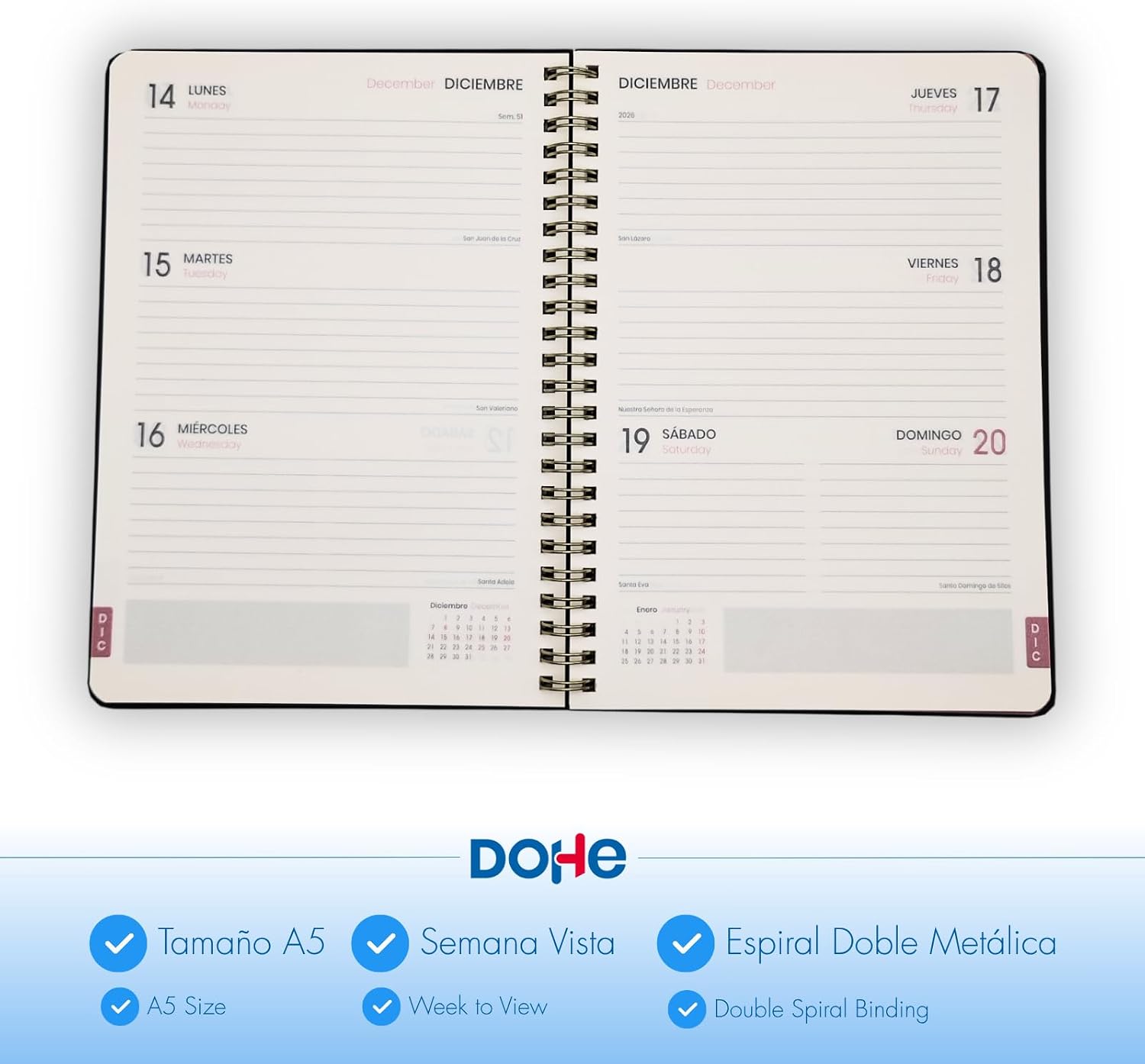 Detalle de Dohe Agenda Escolar 2026-2027 Noir: Semana Vista A5, Uso diario para estudiantes, con espiral doble y cierre elástico
