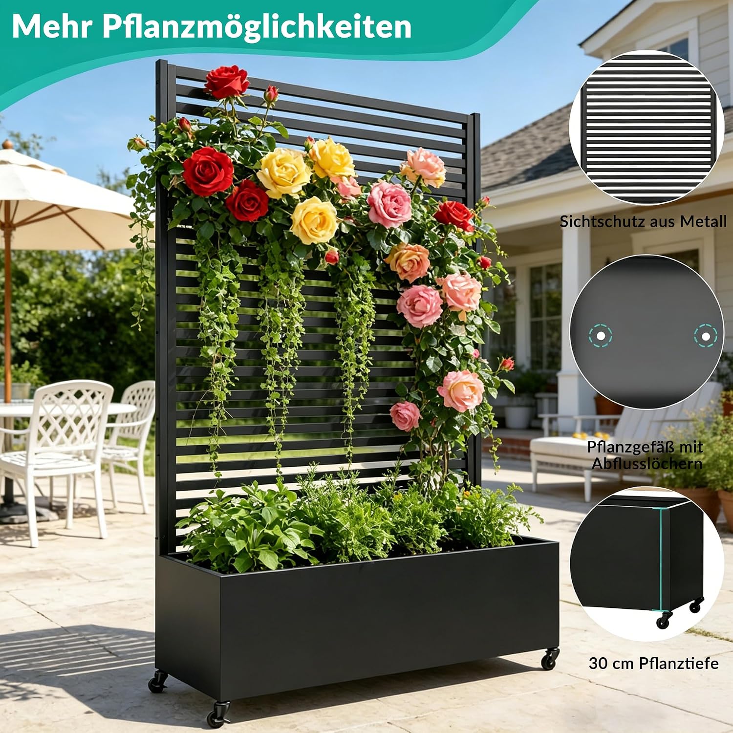 Detalle de Pflanzkasten aus Metall mit Spalier – Hochbeet auf Rädern, robuster Außenbereich