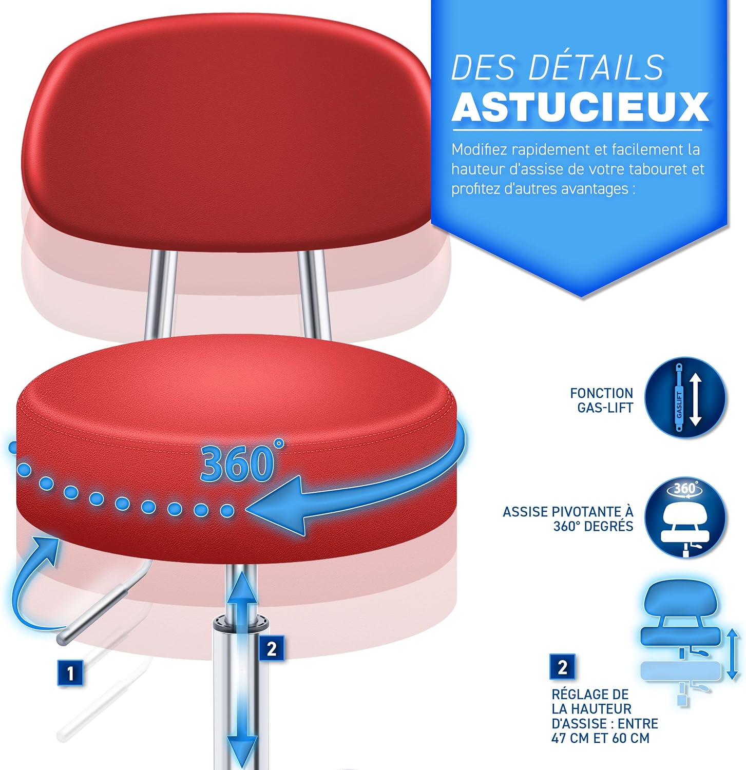 Thumbnail 5 de TRESKO tabouret de travail avec dossier ergonomique et piètement chromé (hauteur 47 à 60 cm)