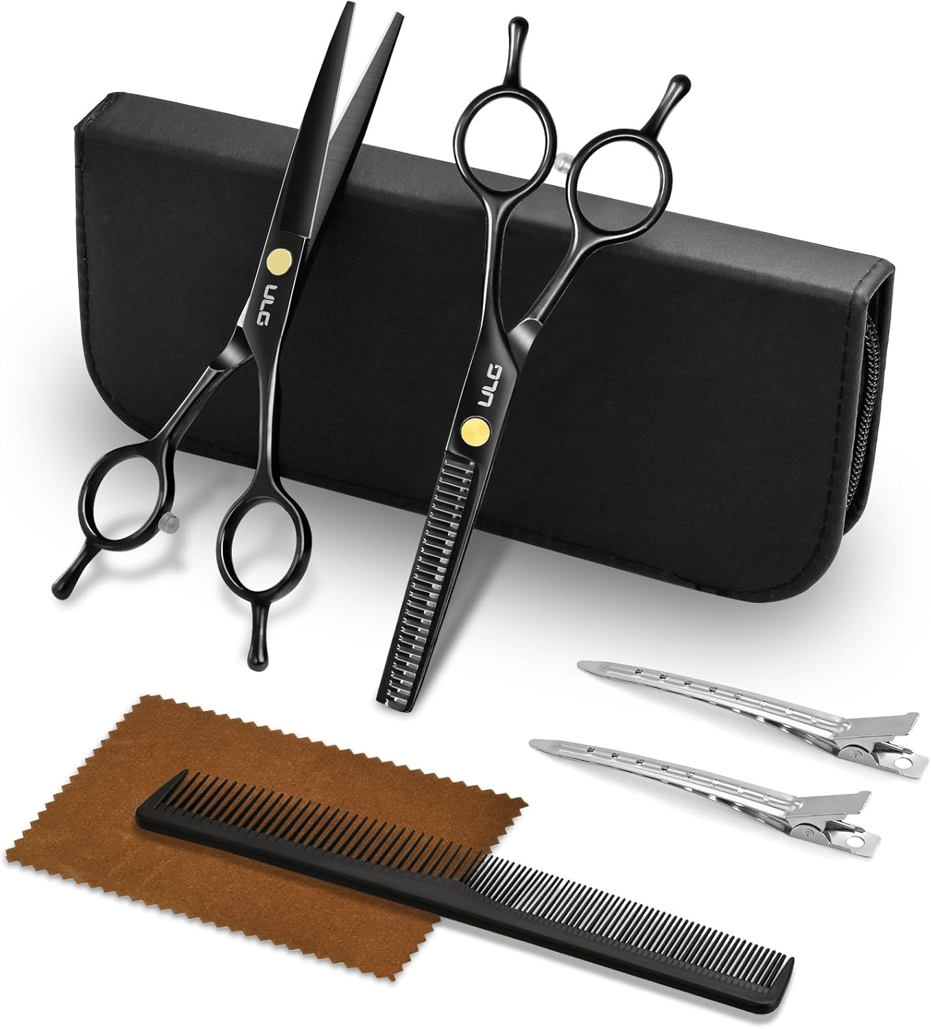 ULG Professionelles Haarschneide-Scheren-Set (16,5 cm) mit japanischem Edelstahl – Effilierschere & Barbier-Schere für Friseur- und Heimgebrauch, schwarz