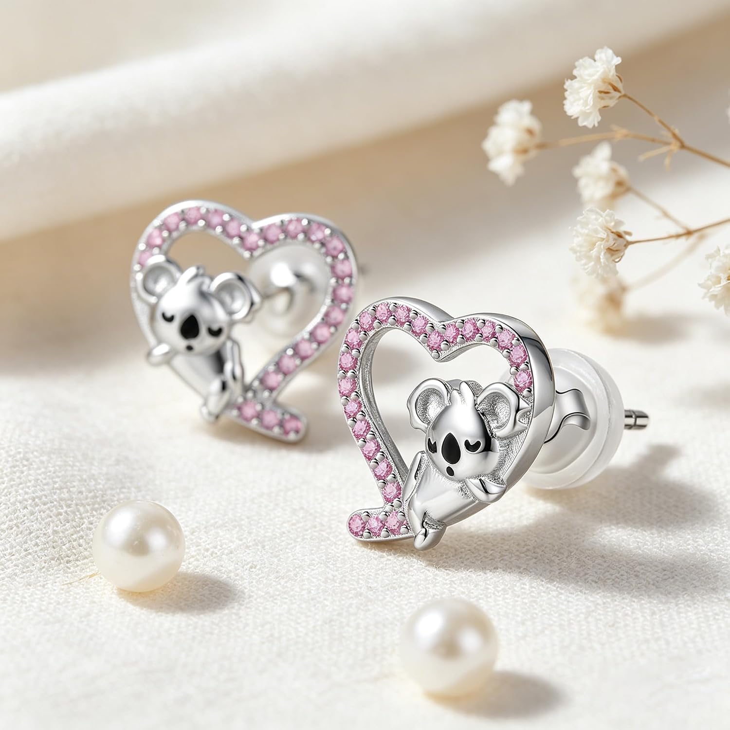 Detalle 2 de Arrebol Ohrringe Damen 925 Sterling Silber Ohrstecker mit 3A Zirkonia – Koala-Design, hypoallergen, Geschenk