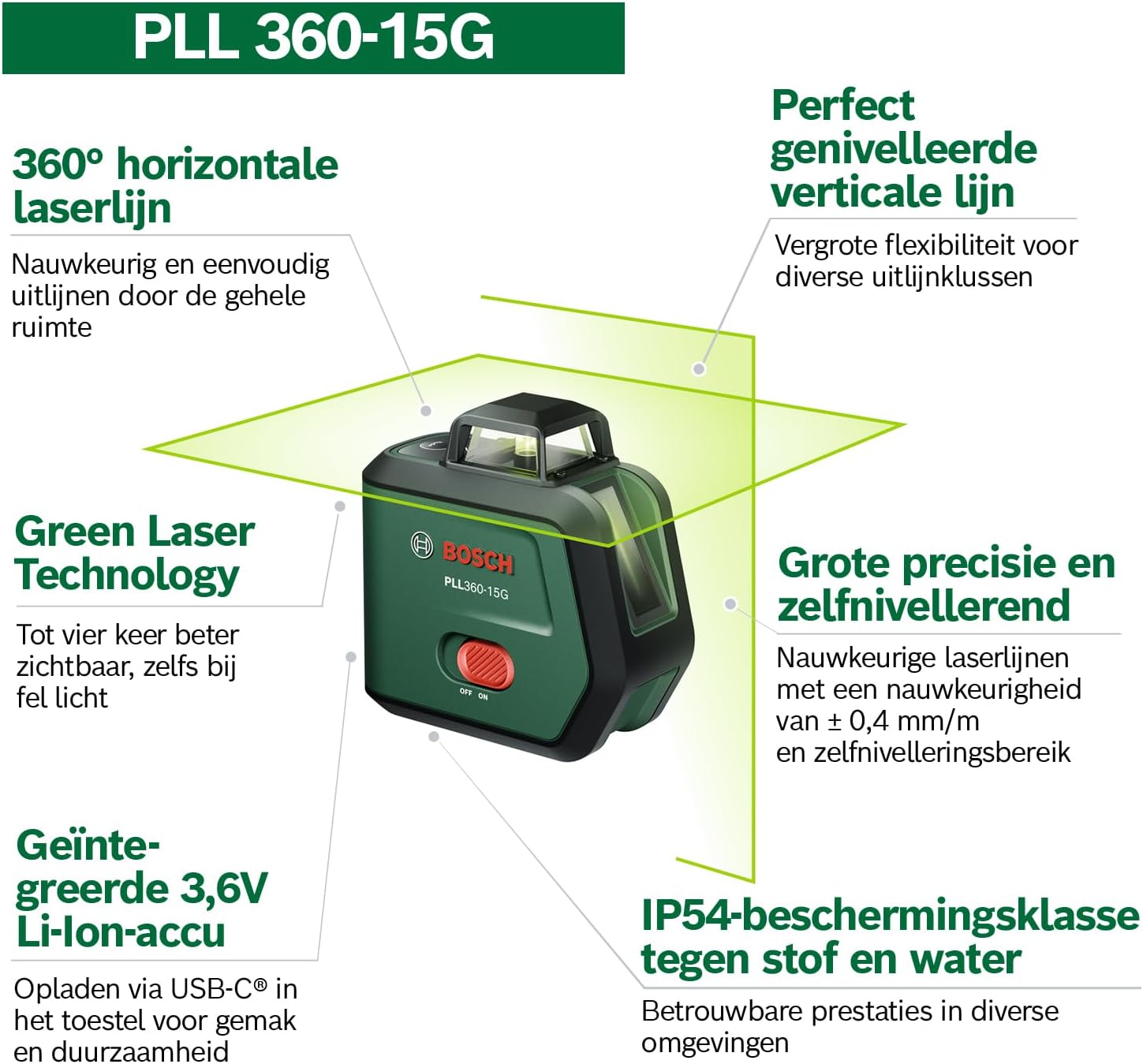 Detalle de Bosch PLL360‑15G lijnlaser met 360°-lijn, groene laser en IP54