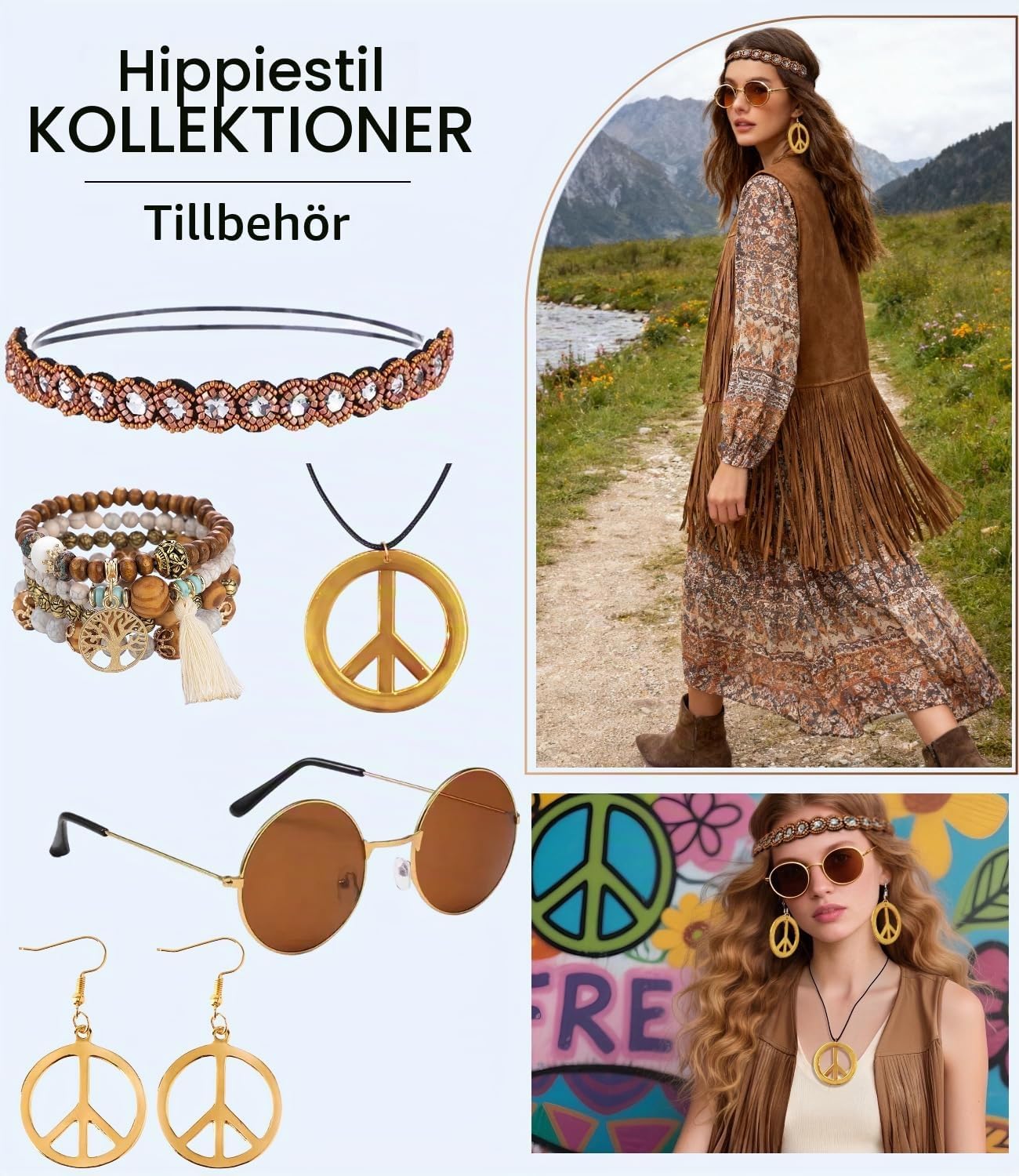 Detalle 2 de Kasahara hippieset för kvinnor med pannband, fredssymboler och solglasögon