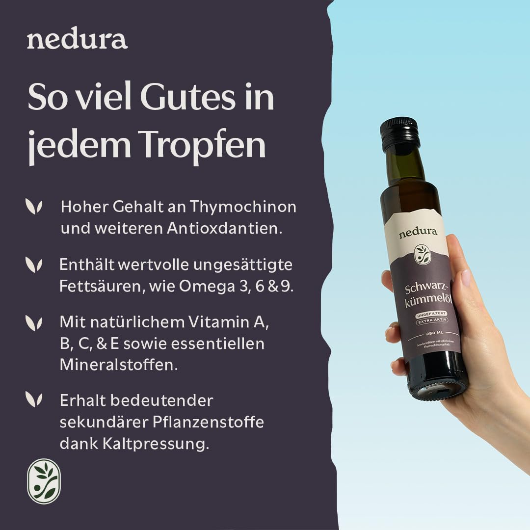 Thumbnail 4 de nedura® Schwarzkümmelöl extra aktiv (ungefiltert) 250 ml – kaltgepresst aus äthiopischem Schwarzkümmel