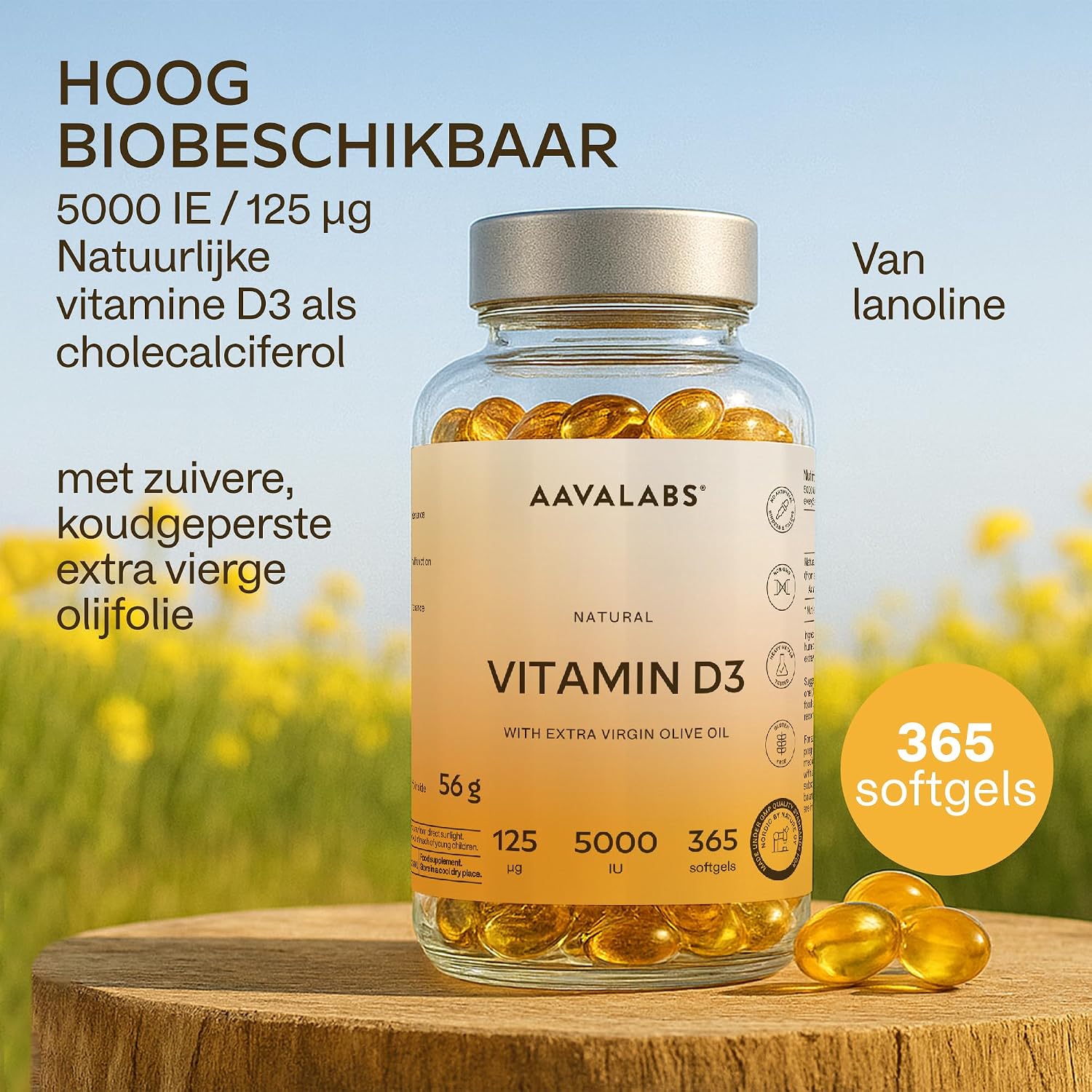 Detalle 2 de AAVALABS Vitamine D3 5000 IE softgels, 365 stuks met olijfolie