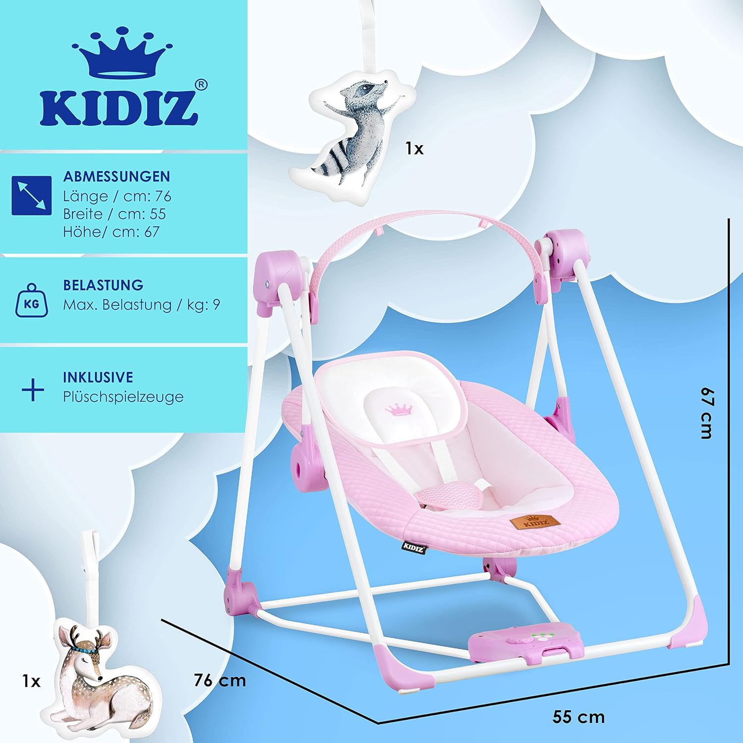 Thumbnail 6 de KIDIZ Babywippe Babyschaukel mit 5 Geschwindigkeiten – faltbar, mit Spielbogen und 5 Naturgeräuschen (Pink)