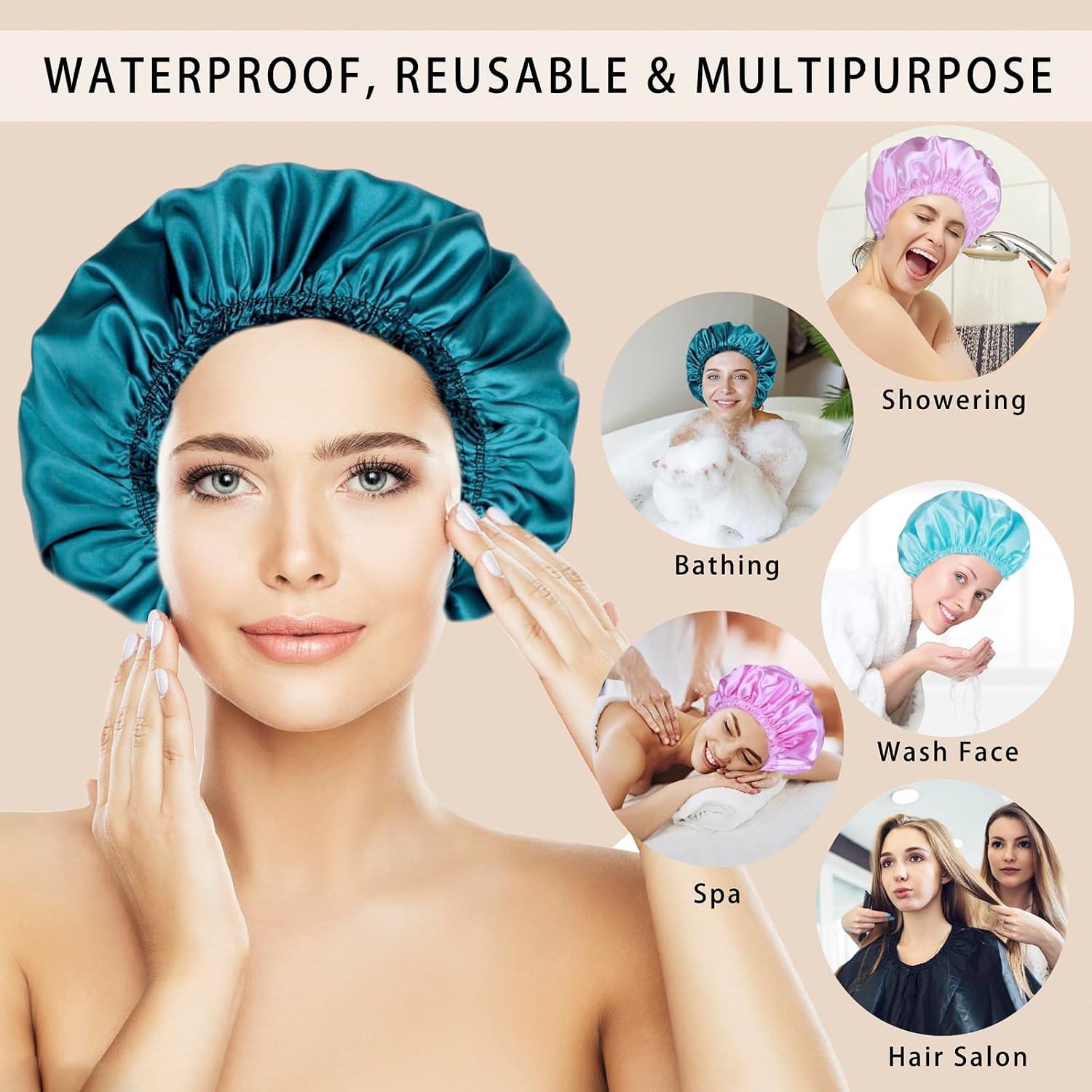 Detalle 2 de Shower Caps for Women 4-Pack reusable bath caps