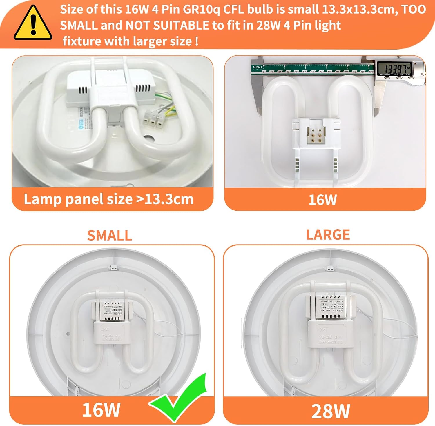 Detalle de Akynite GR10q 4-Pin 16W CFL Bulb — Warm White 3500K, 950LM, Small 13.3x13.3cm, Not Dimmable