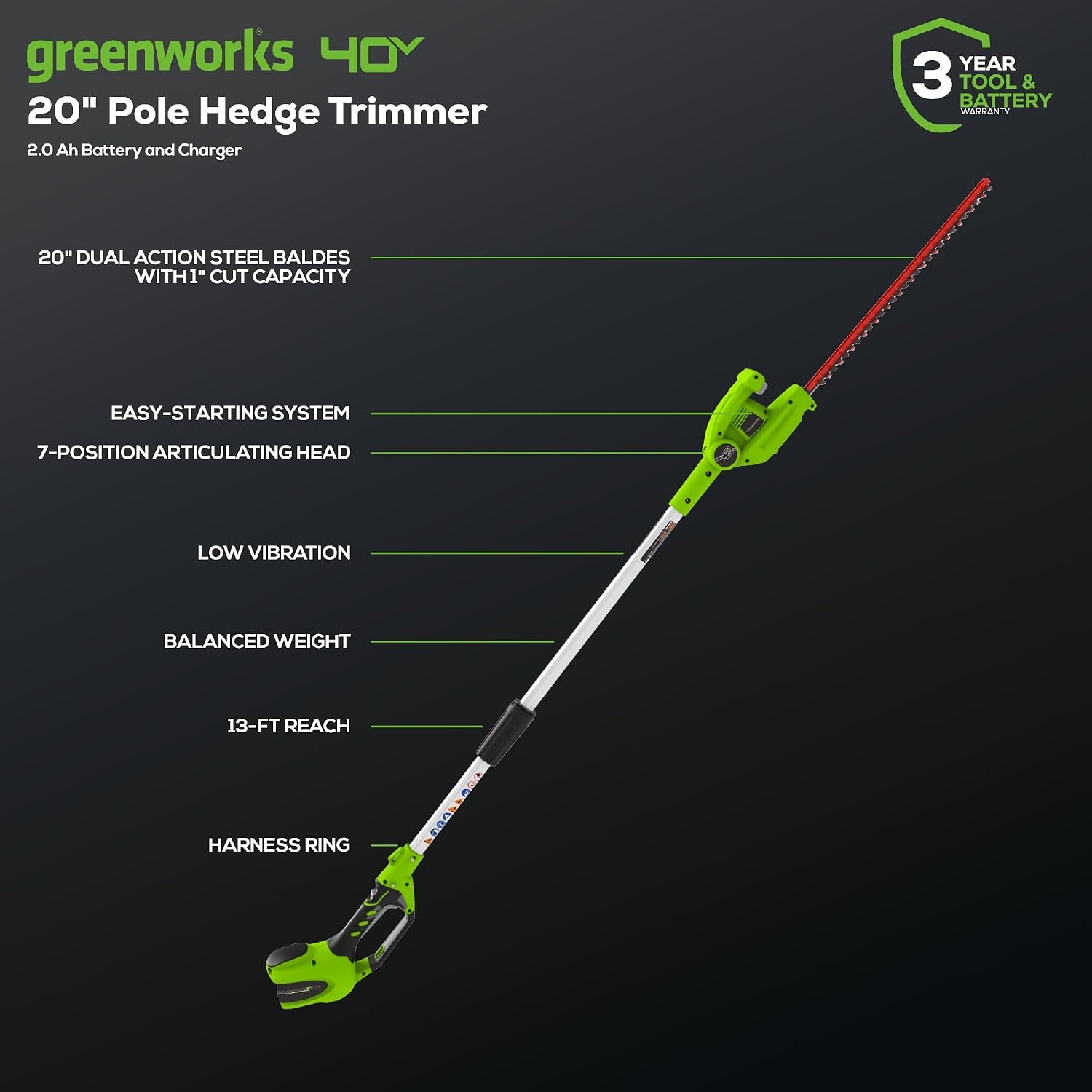 Detalle 2 de Greenworks Cordless Pole Hedge Trimmer 40V