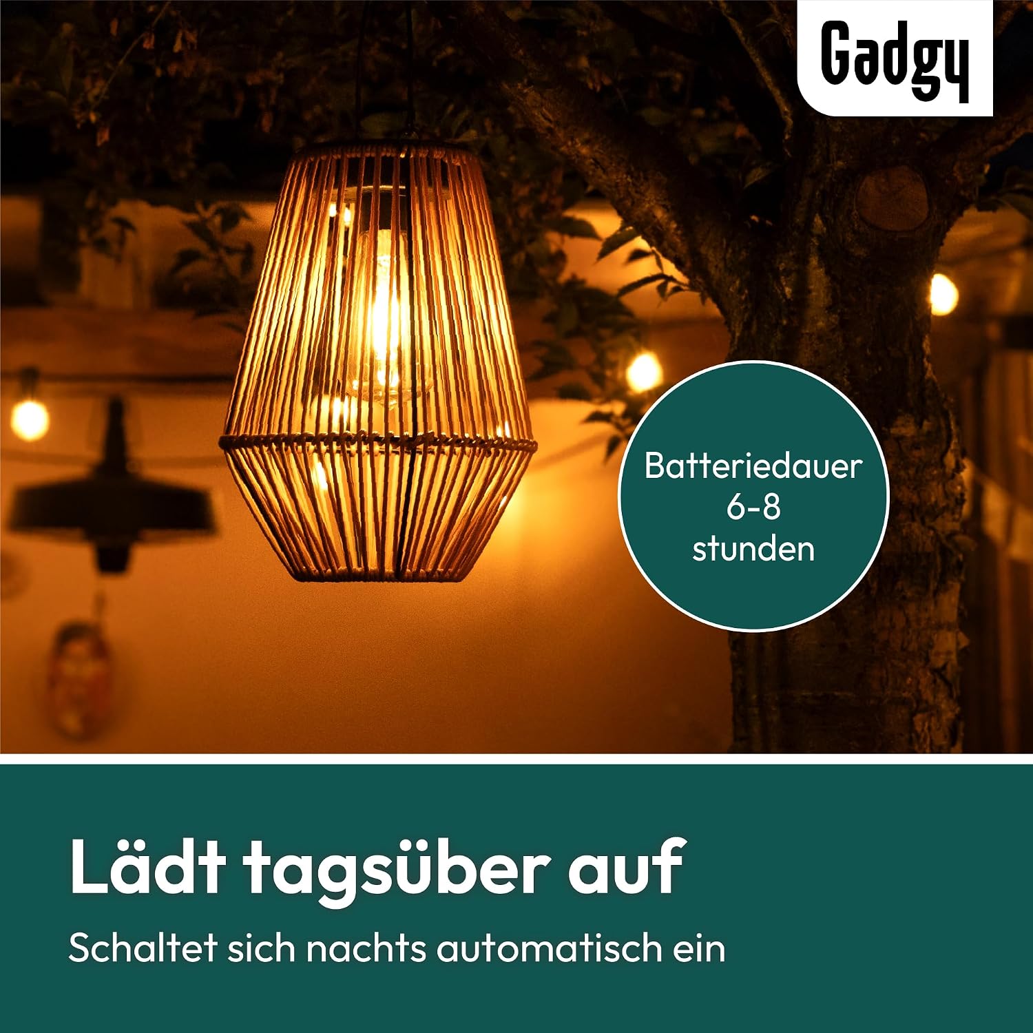 Detalle 2 de Gadgy Solarlampe für Außen Garten – wetterfeste Solar-Laterne in Rattan-Optik mit warmweißem LED-Licht