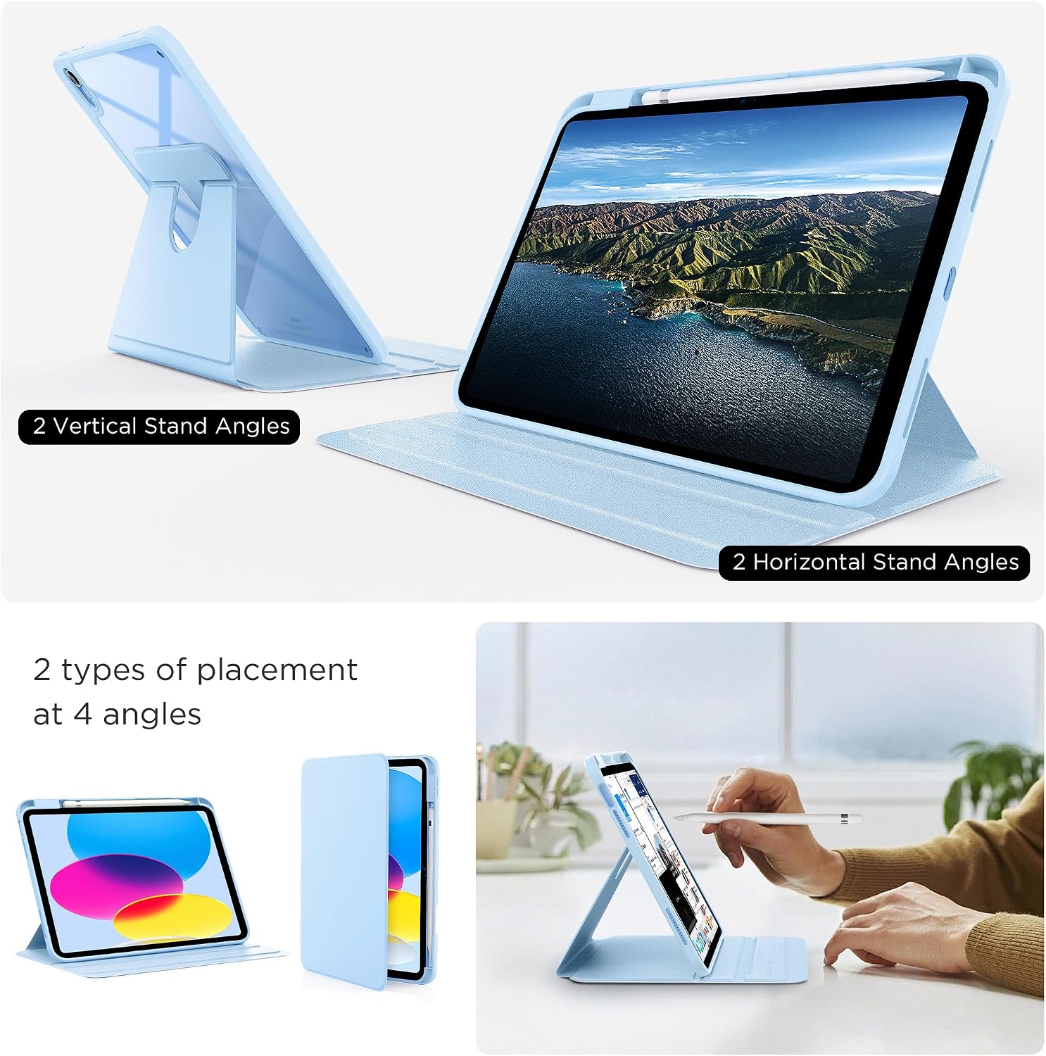 Detalle de CACOE 360 Rotating Case for iPad (A16) 11th/10th Generation with Pencil Holder – Shockproof Light Blue