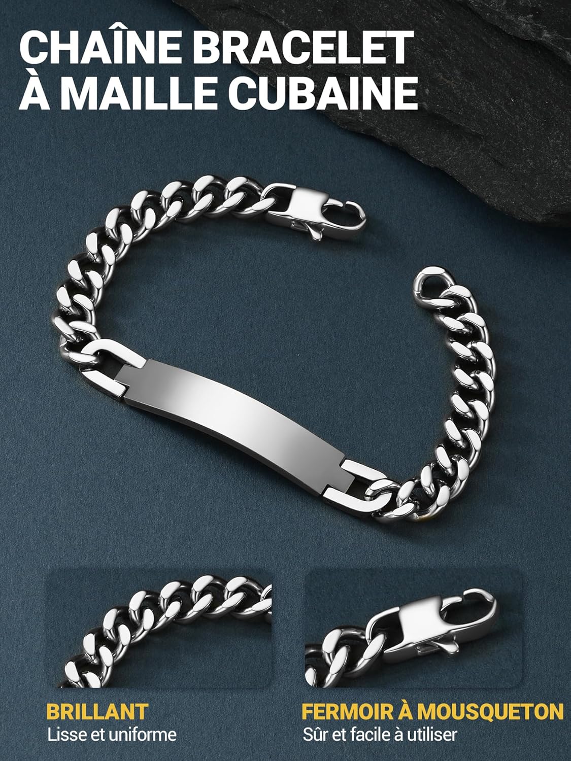 Thumbnail 2 de PROSTEEL Bracelet homme personnalisable en acier inoxydable 316L avec chaîne et plaque horizontale (largeur 10 mm)