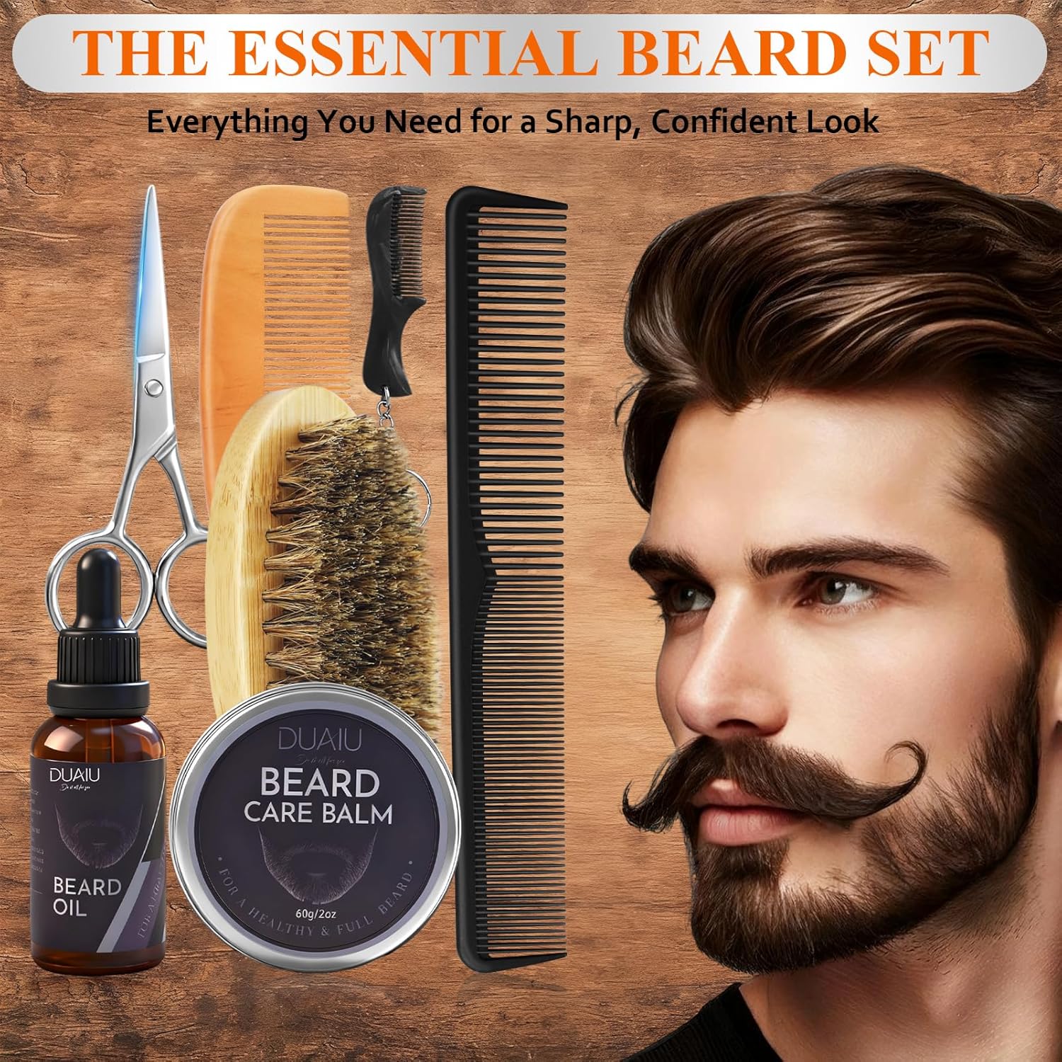 Detalle de DUAIU 7-in-1 Beard Grooming Kit for Men with Beard Oil & Balm, Brush, Combs and Scissors