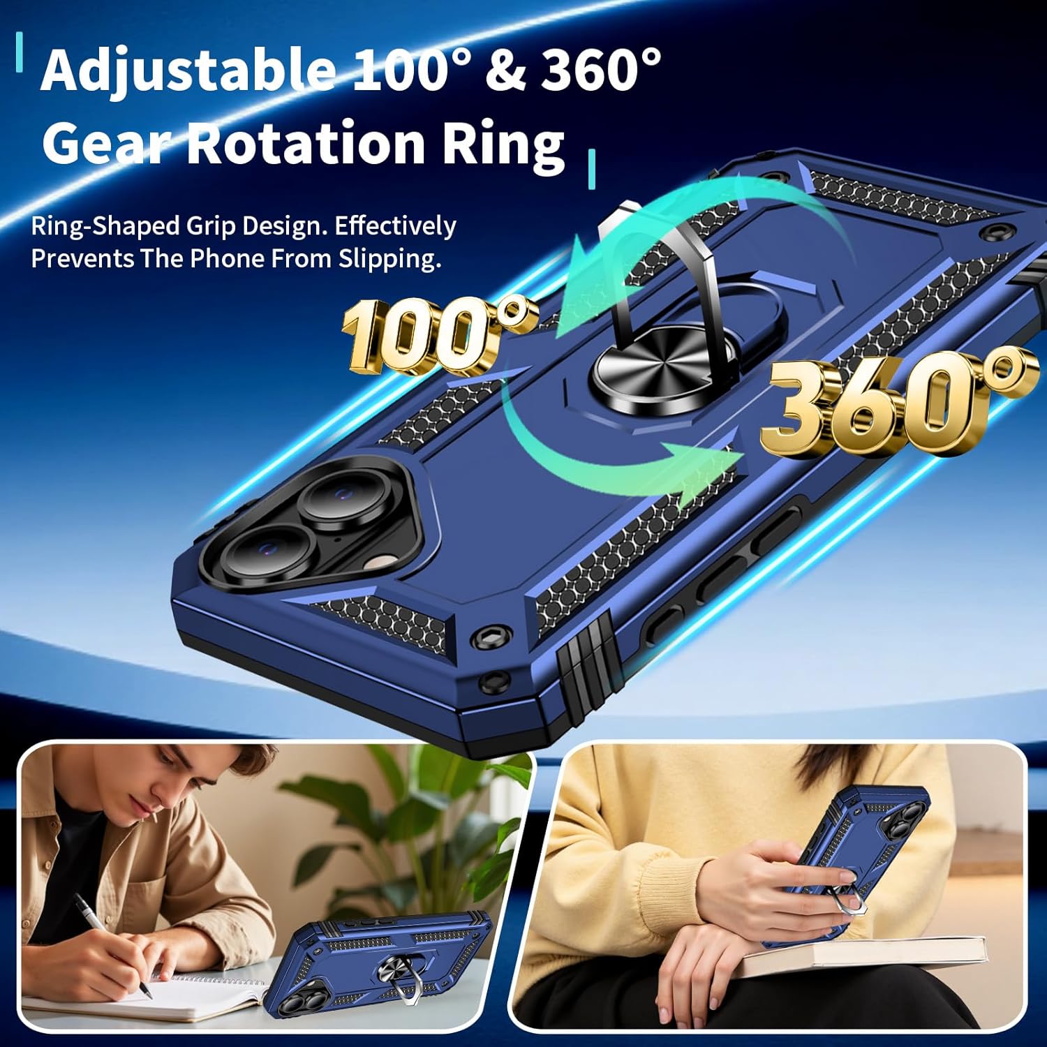 Detalle 2 de HNHYGETE iPhone 16 Case with 360° Rotating Kickstand, Blue
