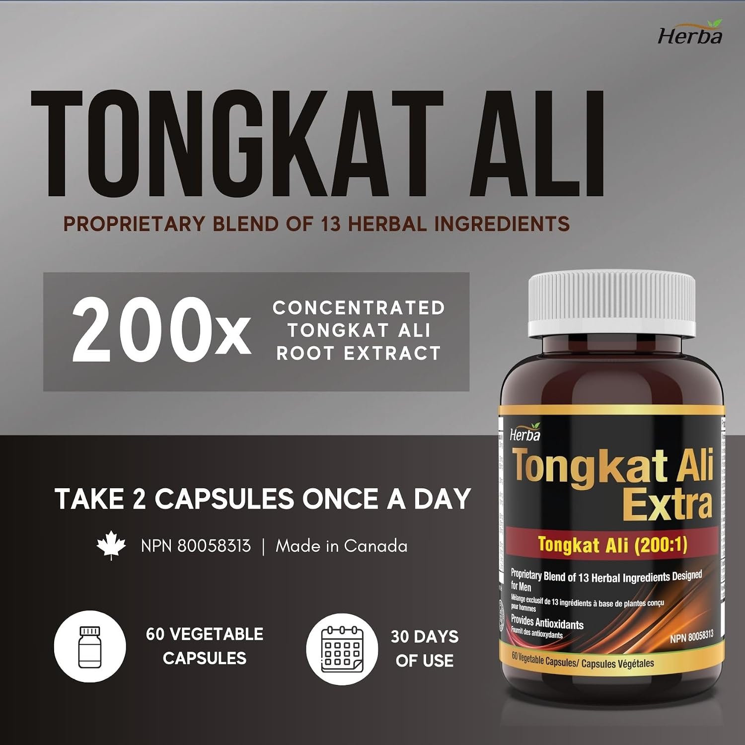 Detalle de Herba tongkat ali Supplement for Men, 200:1 Extract, 60 Capsules