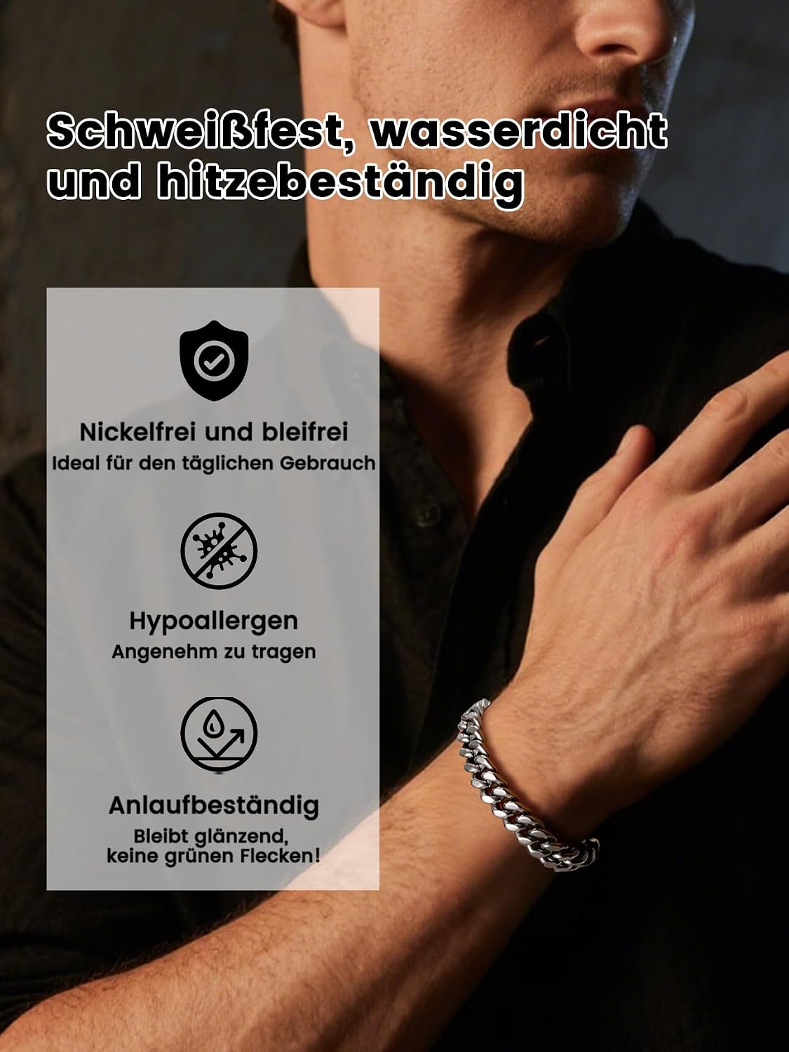 Detalle de Bestyle Armband Herren Edelstahl Panzerkette – 5/7/9/12,5 mm Breite, 19/21/23 cm Länge, Silber/Schwarz/Gold