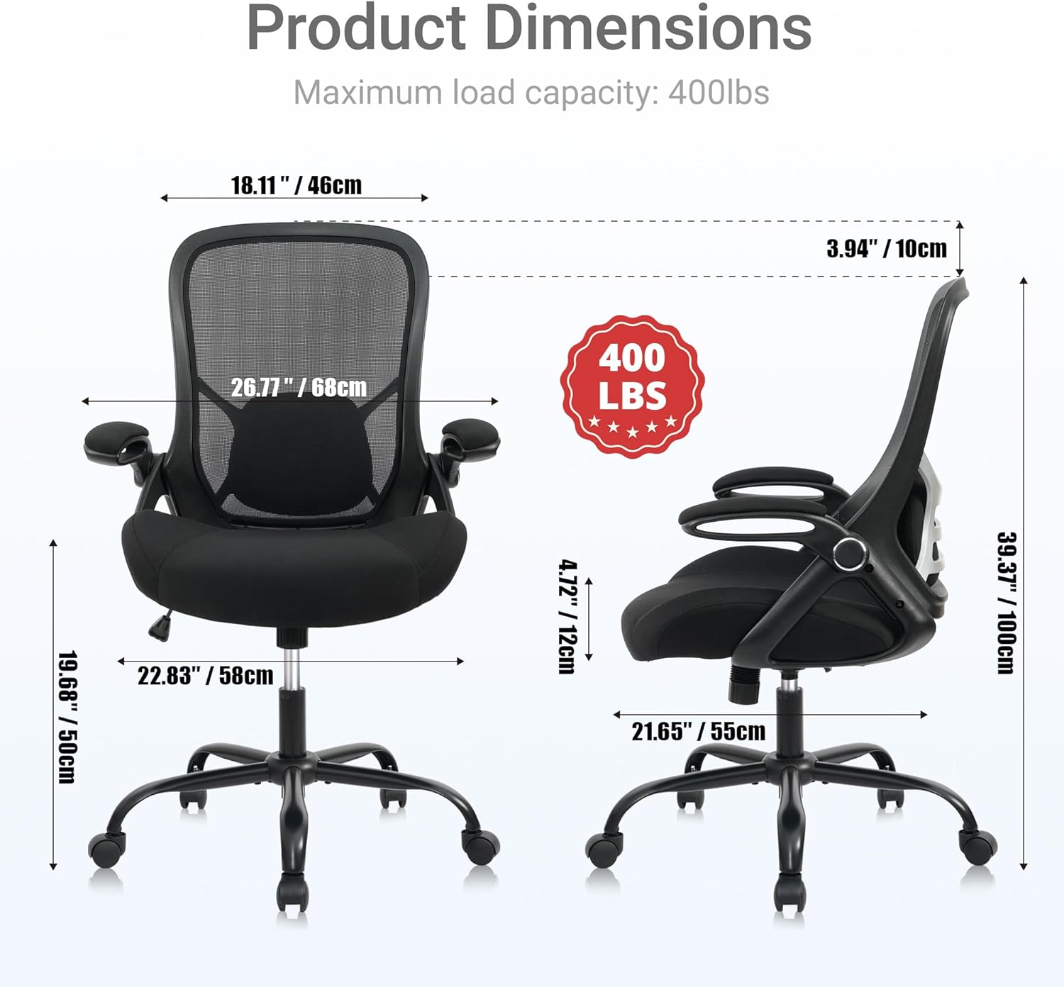 Thumbnail 2 de HYLONE Big and Tall 400lbs Heavy Duty Office Chair (Black) — 5" Thickened Mesh Seat, Adjustable Armrests