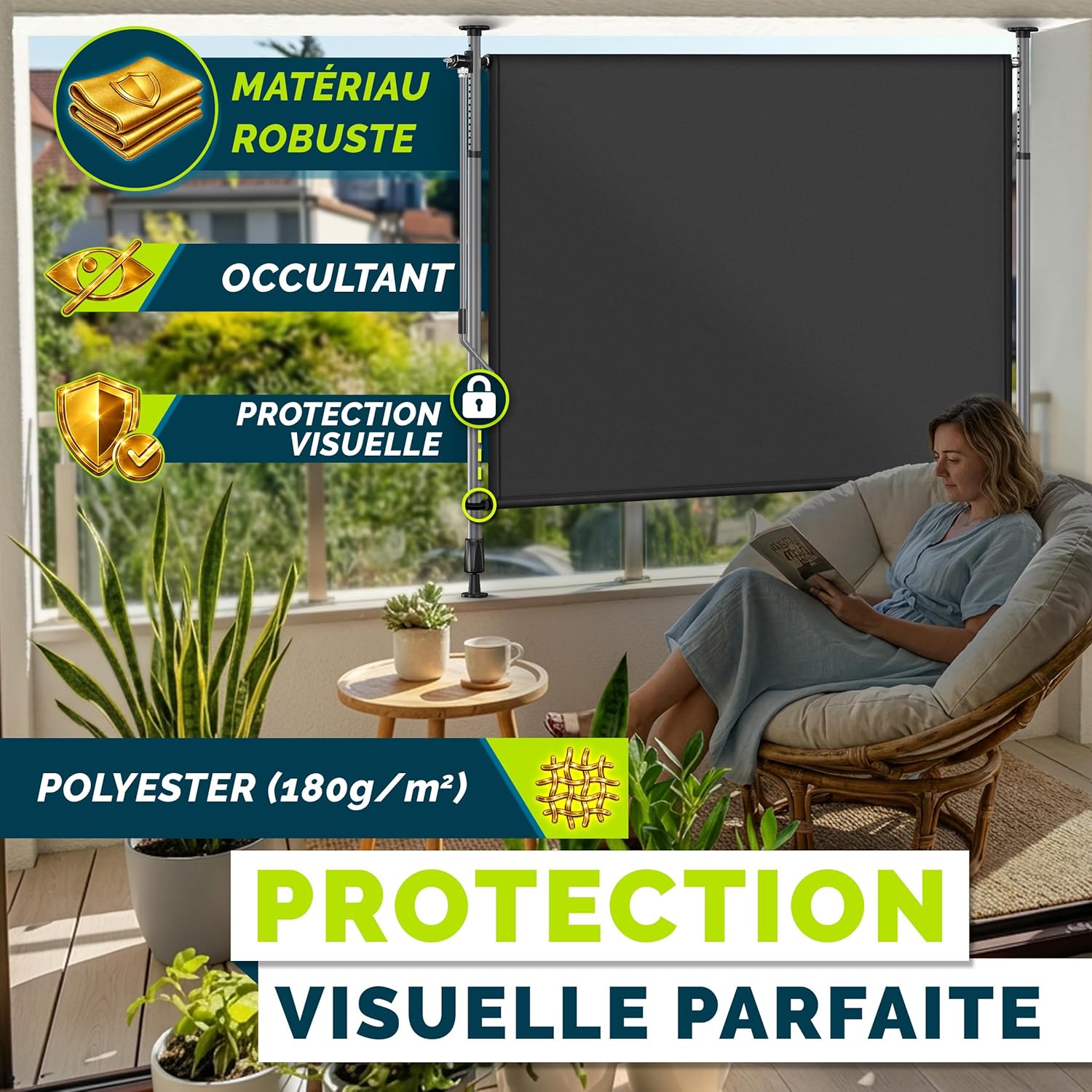 Thumbnail 2 de Tillvex Store vertical 150 x 310 cm anthracite avec manivelle — Brise-vue extensible et étanche, sans perçage