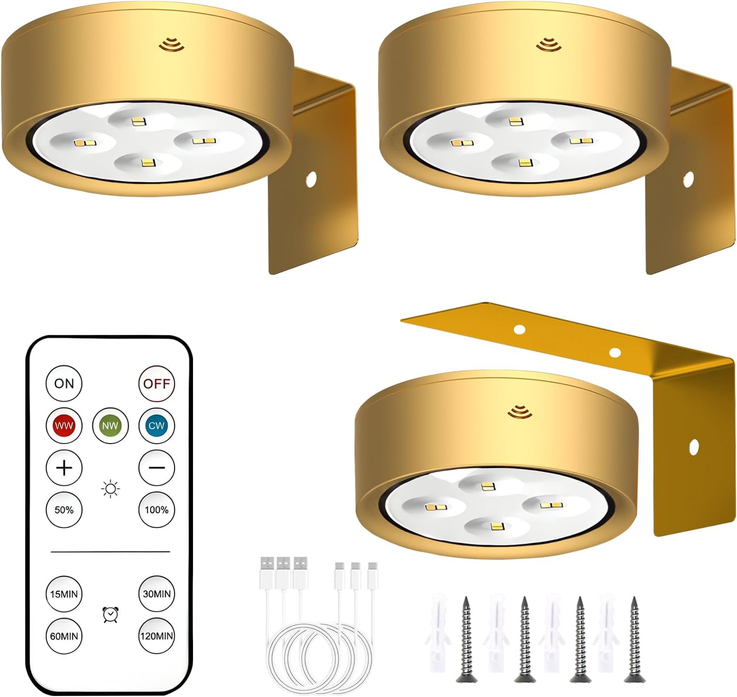 Detalle de Anmossi LPL-3 draadloze schilderijverlichting, 3-delige set in goud met dimfunctie
