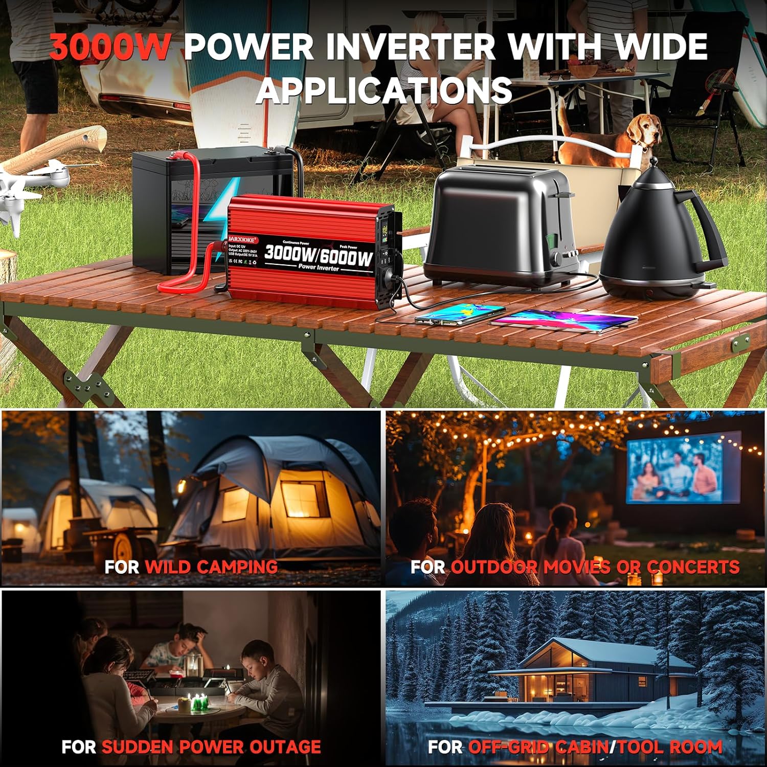 Detalle de 3000W 12V to 240V Modified Sine Wave Car Power Inverter with LCD, 2 AC Sockets and USB