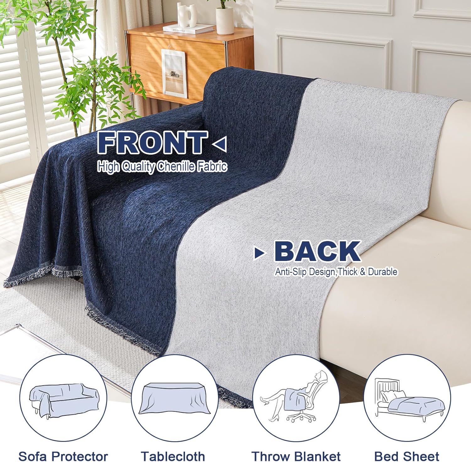 Thumbnail 2 de Royhom Telo Copridivano 2/3 Posti in ciniglia blu marina 180x300 cm – protezione elegante per ogni ambiente