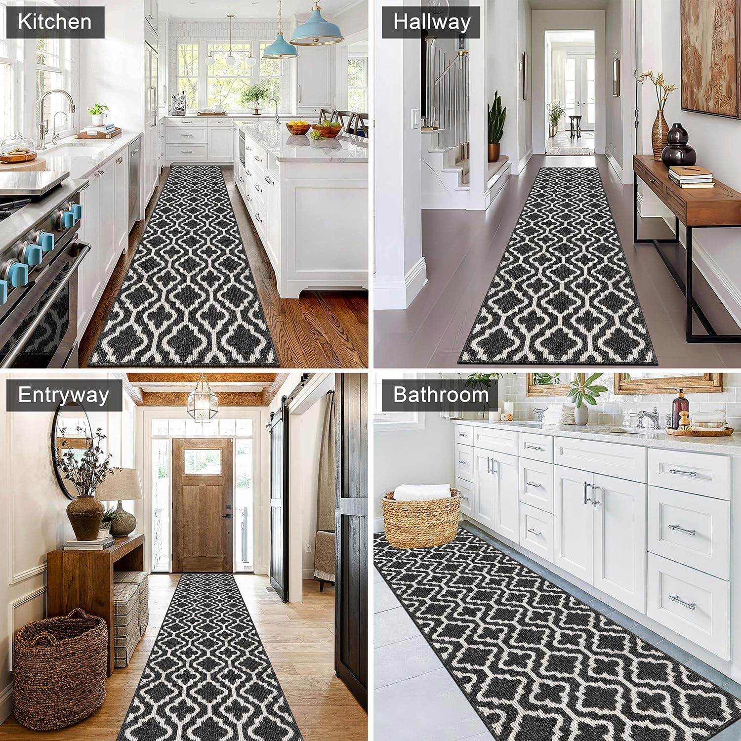 Detalle de SHACOS Extra Long Hallway Runner Rug 66x300 cm (Black/White) with Non-Slip Rubber Backing, Washable Entryway Carpet Runner