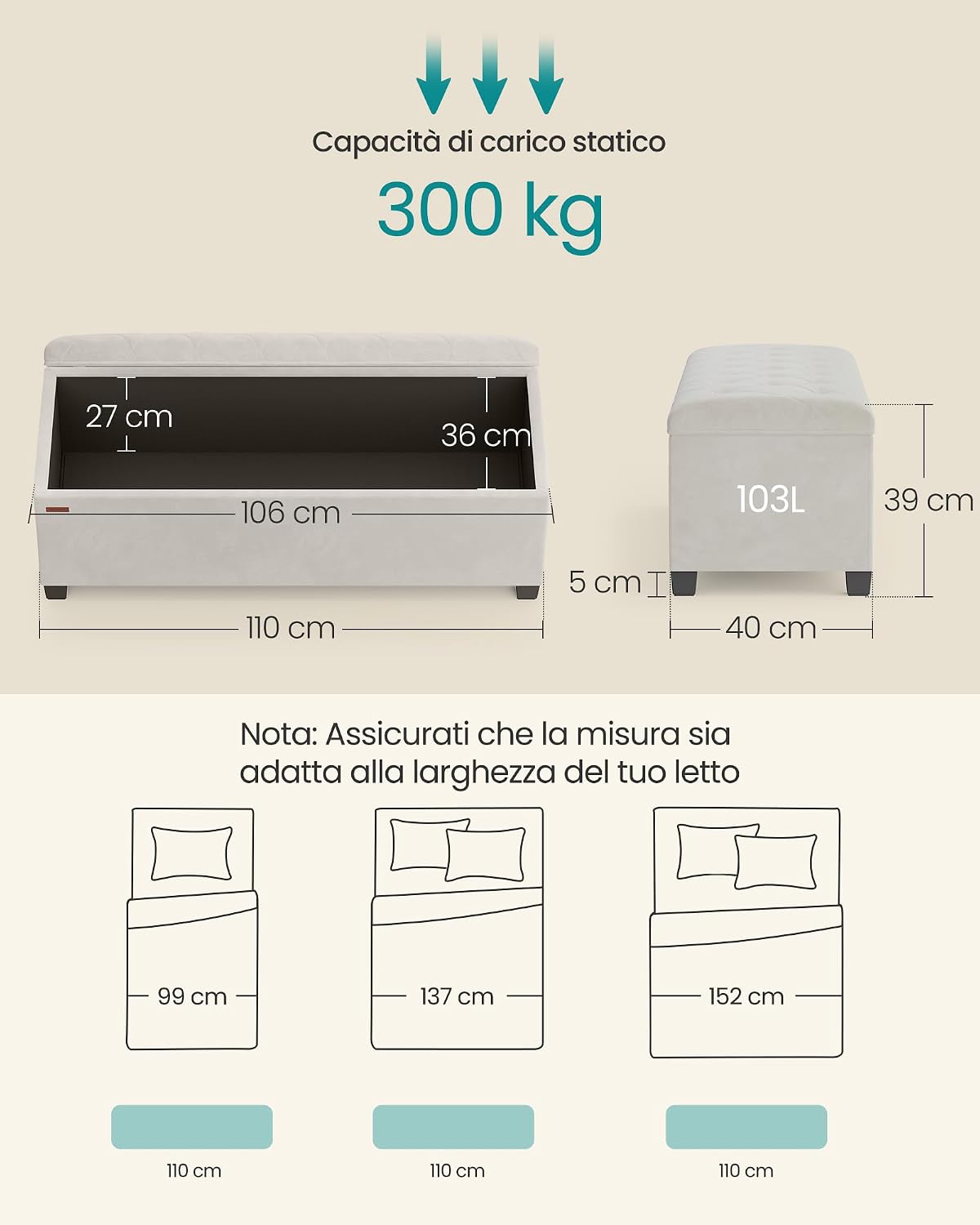 Detalle de SONGMICS Cassapanca Pouf contenitore bianco crema con gambe in legno LSF089W01, 40 x 110 x 39 cm