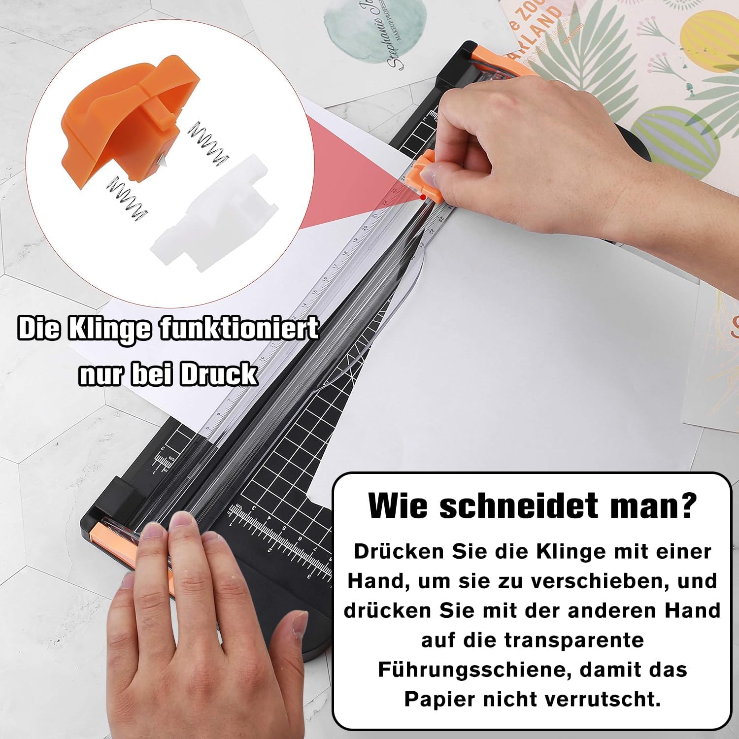 Thumbnail 5 de Meafeng Papierschneider A4 mit 2 Klingen – Papier Cutter mit Sicherheitsfunktion & Verlängerungslineal (Schwarz)