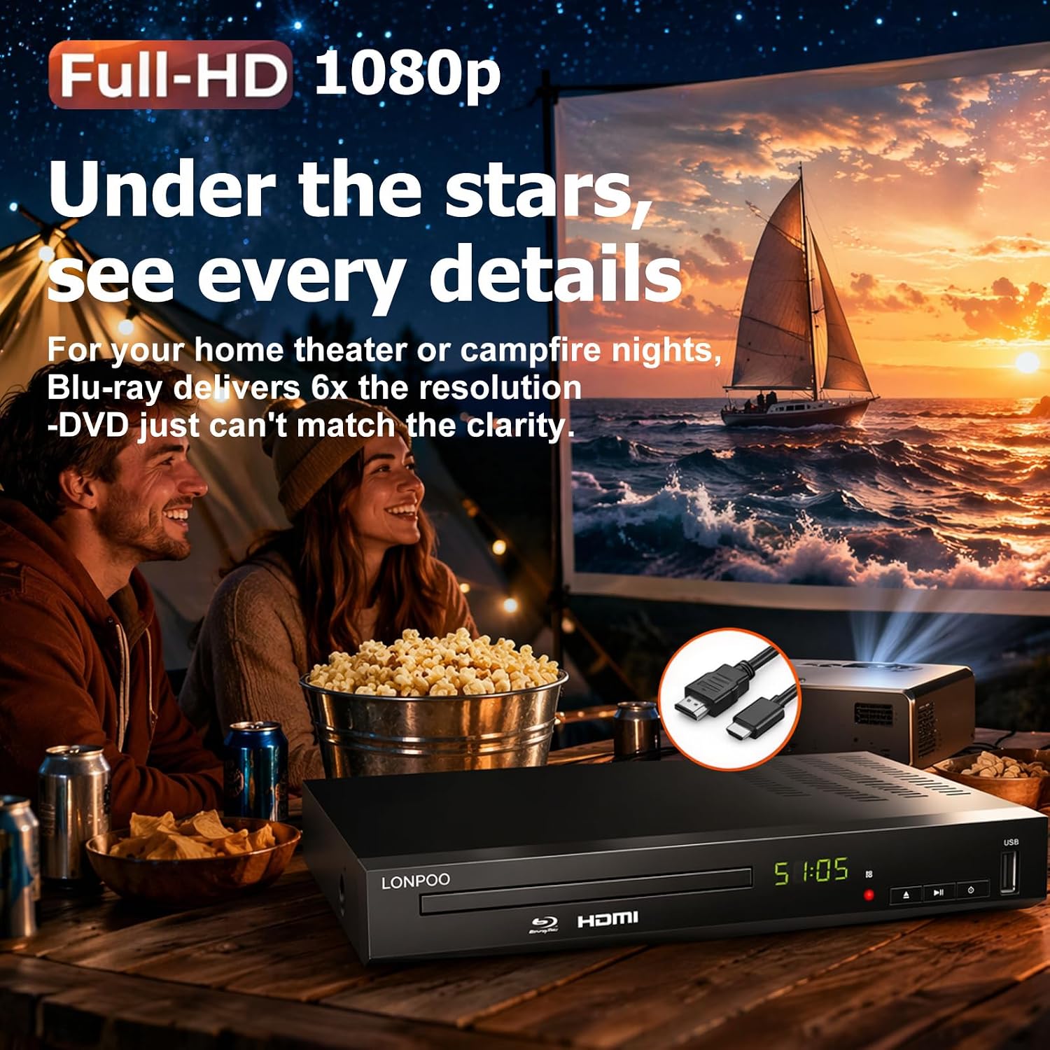 Detalle de LONPOO LP-100 HD Blu-Ray Disc Player: Full 1080p Upscaling with HDMI, AV, Coax Output and USB