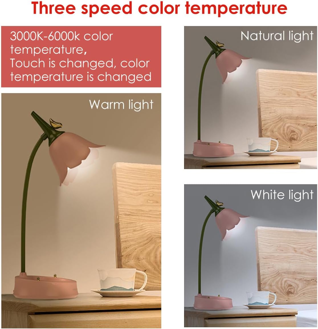 Thumbnail 1 de LED Flower Desk Lamp Cordless Table Light for Children (Pink) with 3 Colour Modes and Dimmable Touch Control