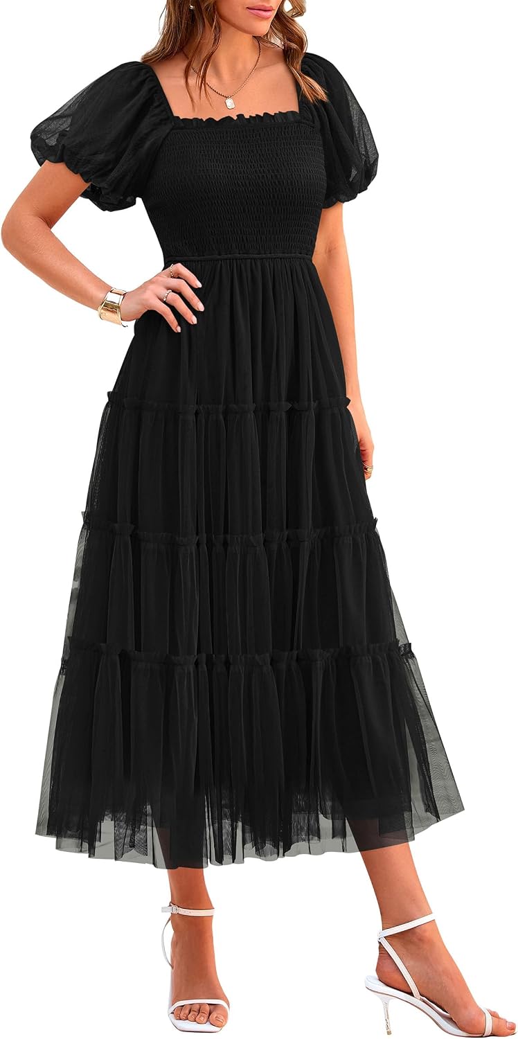 Detalle de PRETTYGARDEN Smocked Midi Tulle Dress, Size S