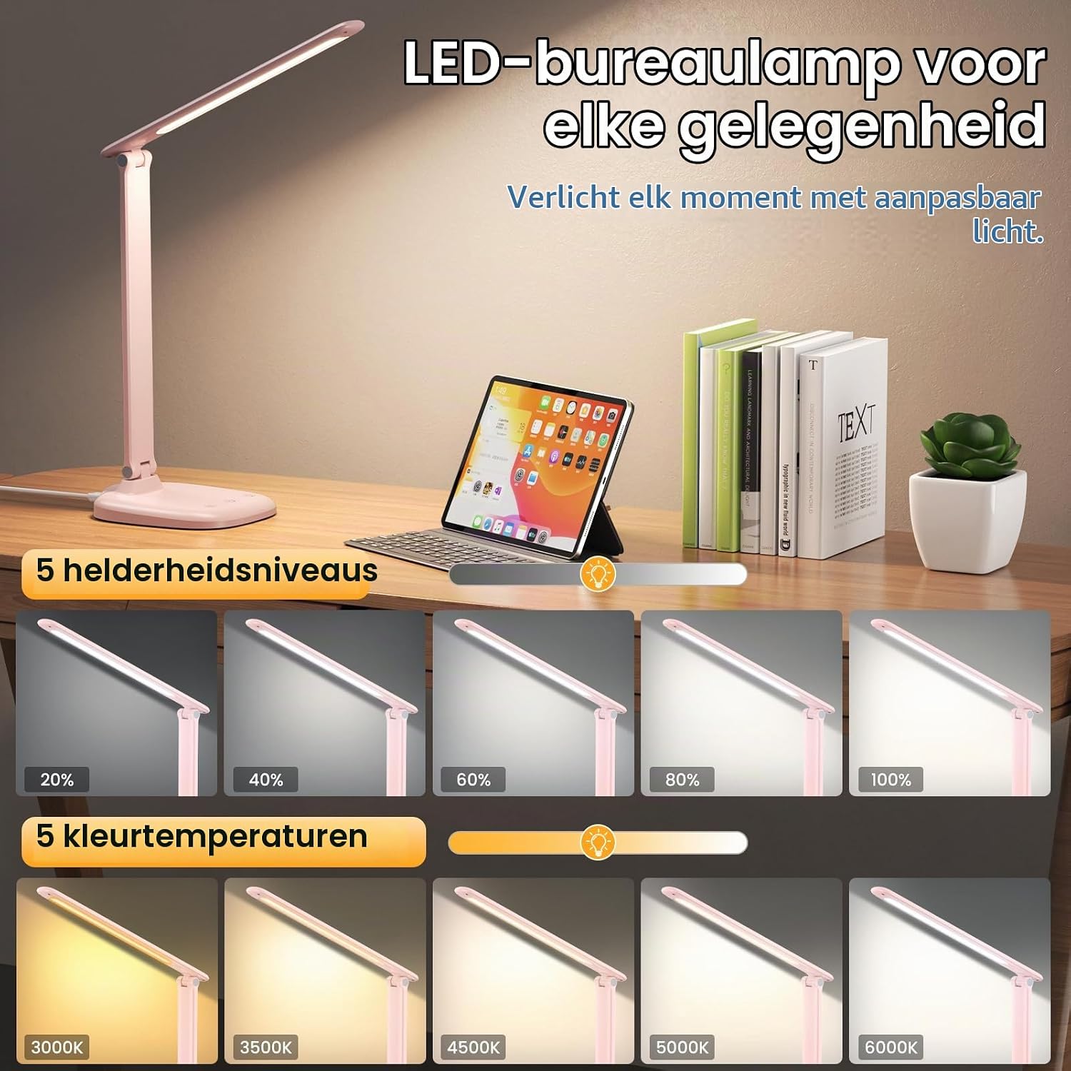 Detalle de KQPZ I7C opvouwbare led-bureaulamp met accu, 5 lichtkleuren en dimfunctie