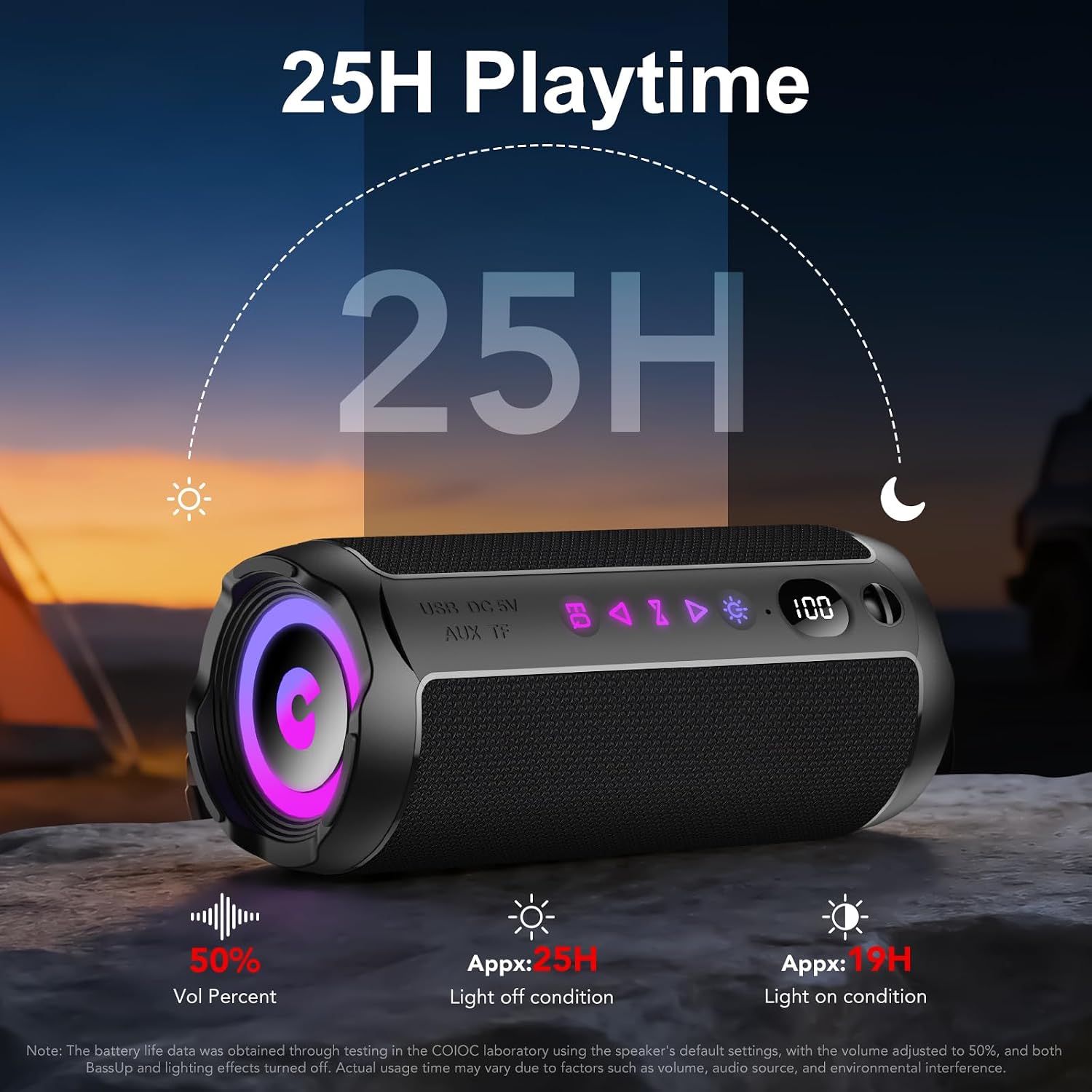 Detalle de Altavoz Bluetooth Portatile da 25W: suono 360°, IPX7 e illuminazione RGB per feste all'aperto
