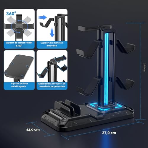 Thumbnail 5 de KDD Support Casque Bureau avec Support Téléphone et Manette Détachable – Repose-Casque Gaming avec 9 Modes d'Éclairage