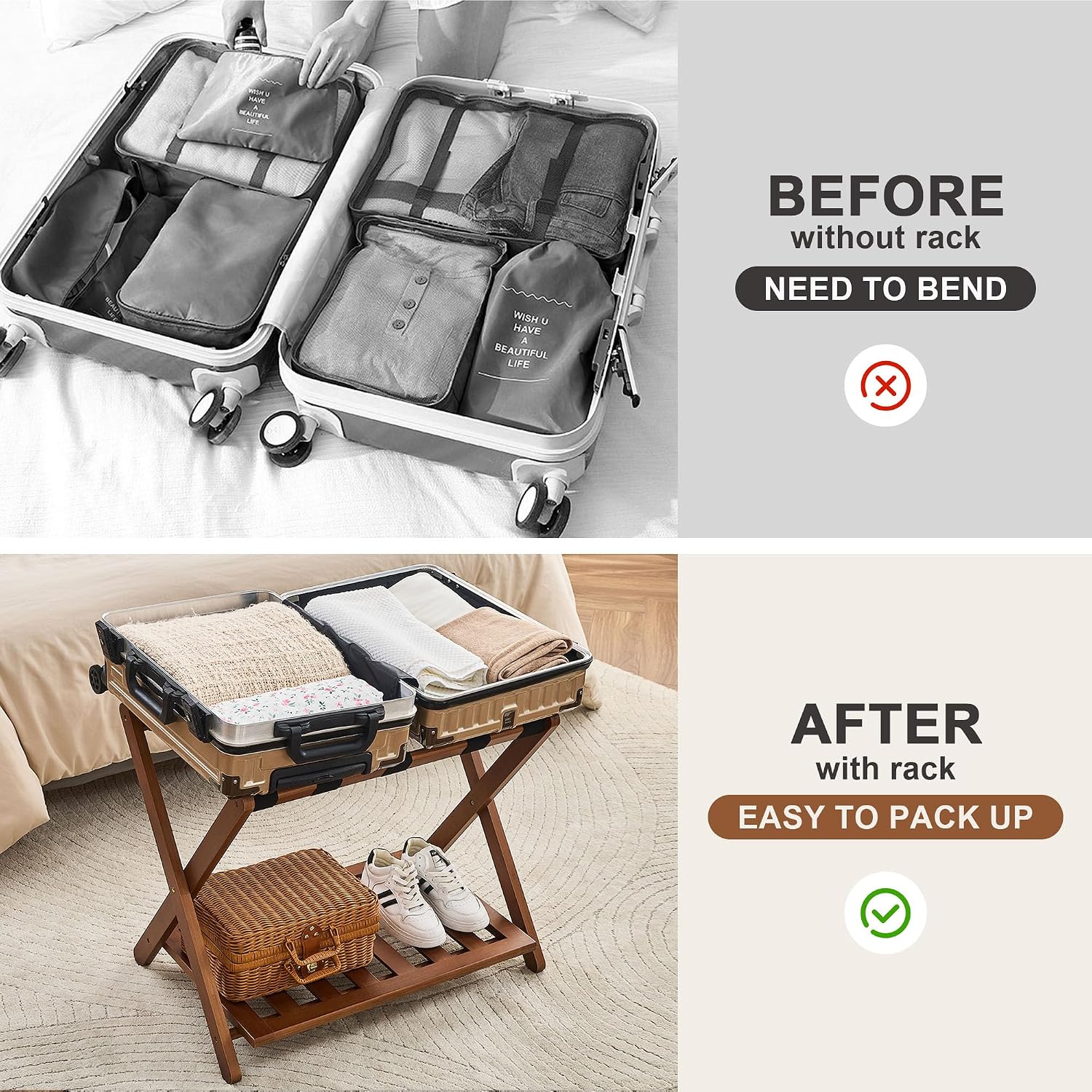 Thumbnail 6 de oakvivo Walnut Bamboo Luggage Racks, Set of 2, Folding Two-Tier Stands