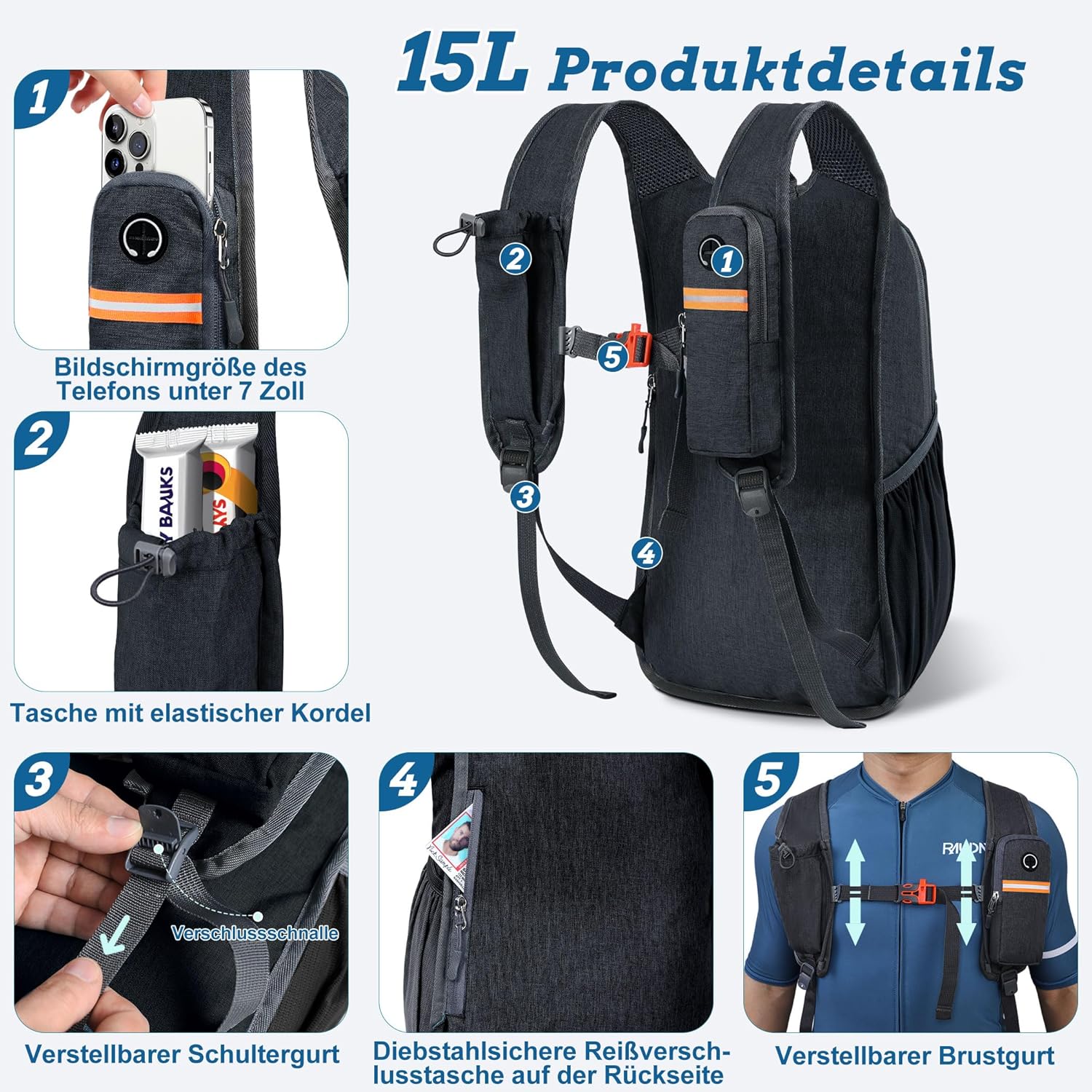 Thumbnail 1 de BECOJADDE 18L Wanderrucksack faltbar – leichter Daypack mit Handytasche und Diebstahlfach, schwarz